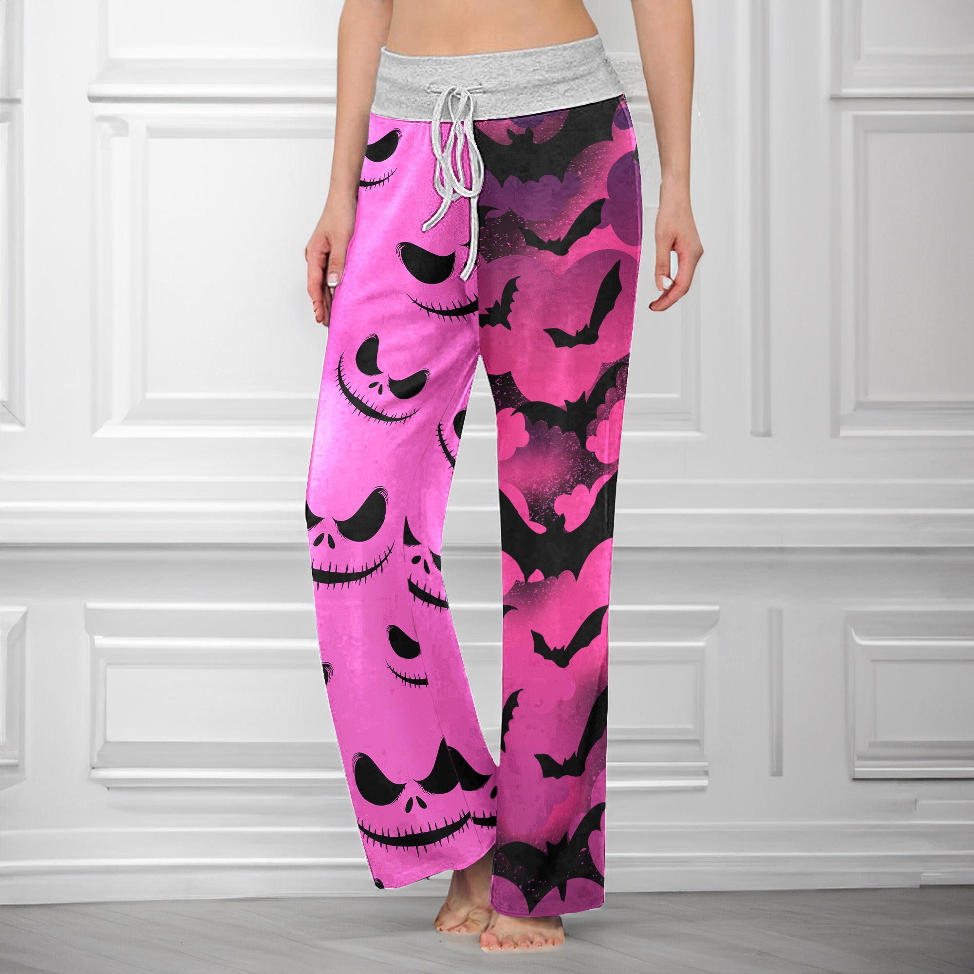 Pink Bat Skull Pattern Women's High-waisted Wide Leg Pants