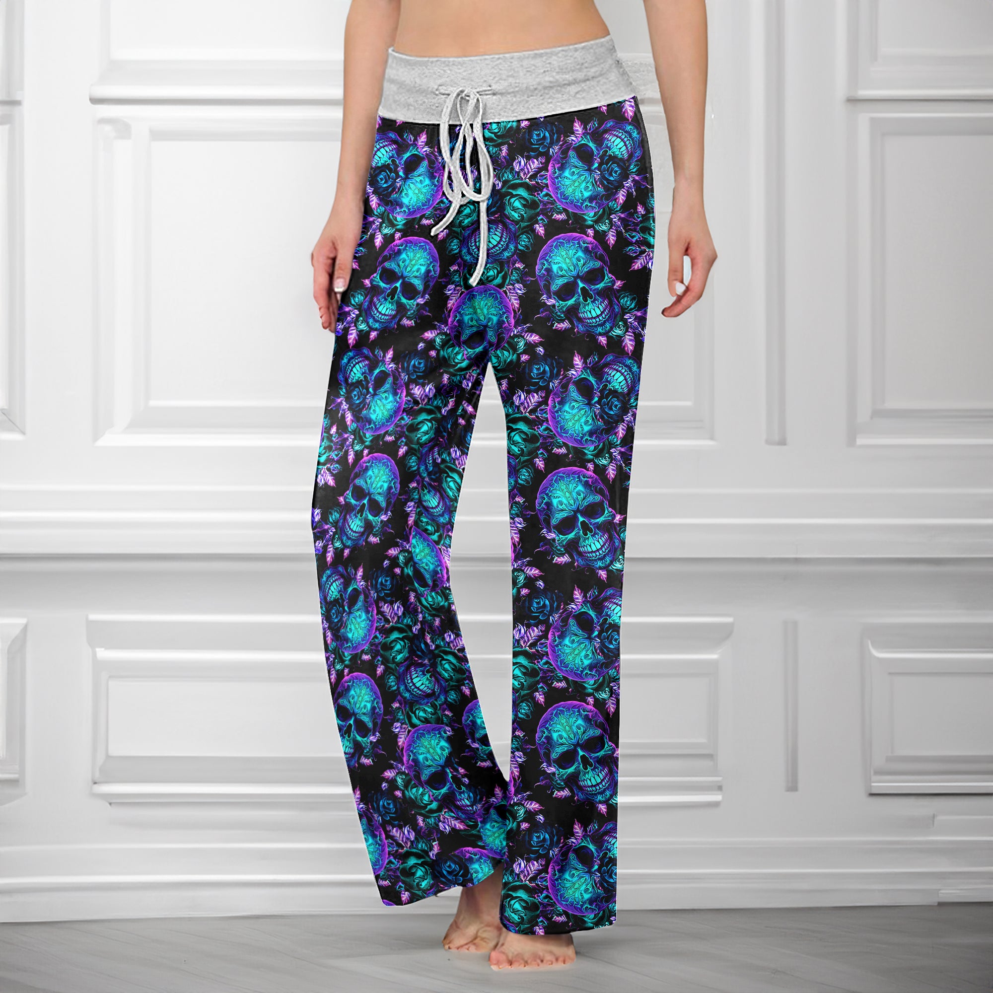 Midnight Royal Skull Rose Women's High-waisted Wide Leg Pants