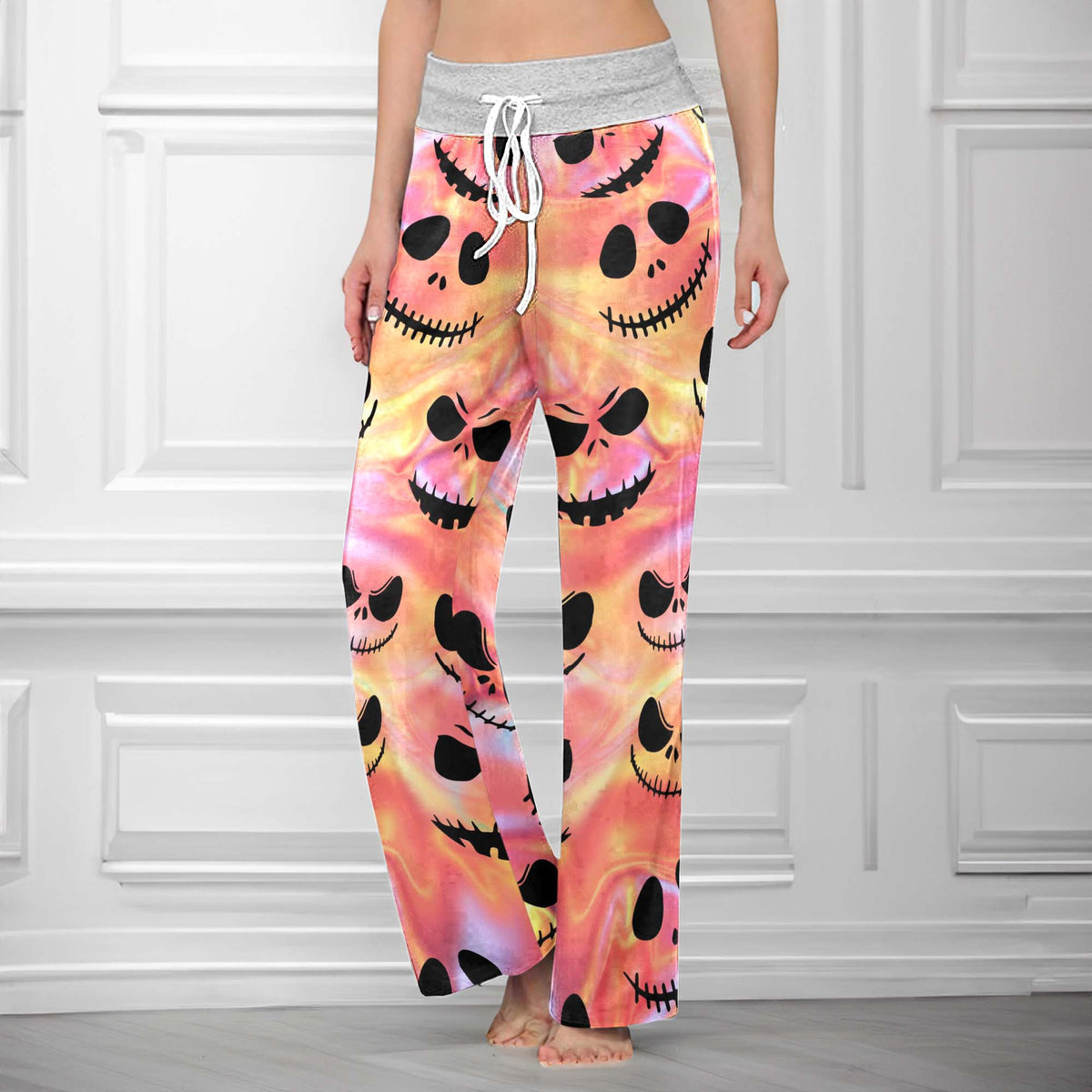 Psychedelic Skulls Pattern Women's High-waisted Wide Leg Pants