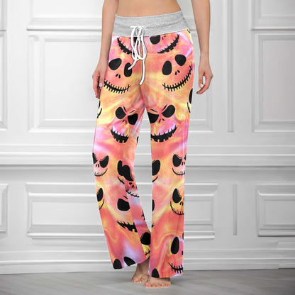Psychedelic Skulls Pattern Women's High-waisted Wide Leg Pants