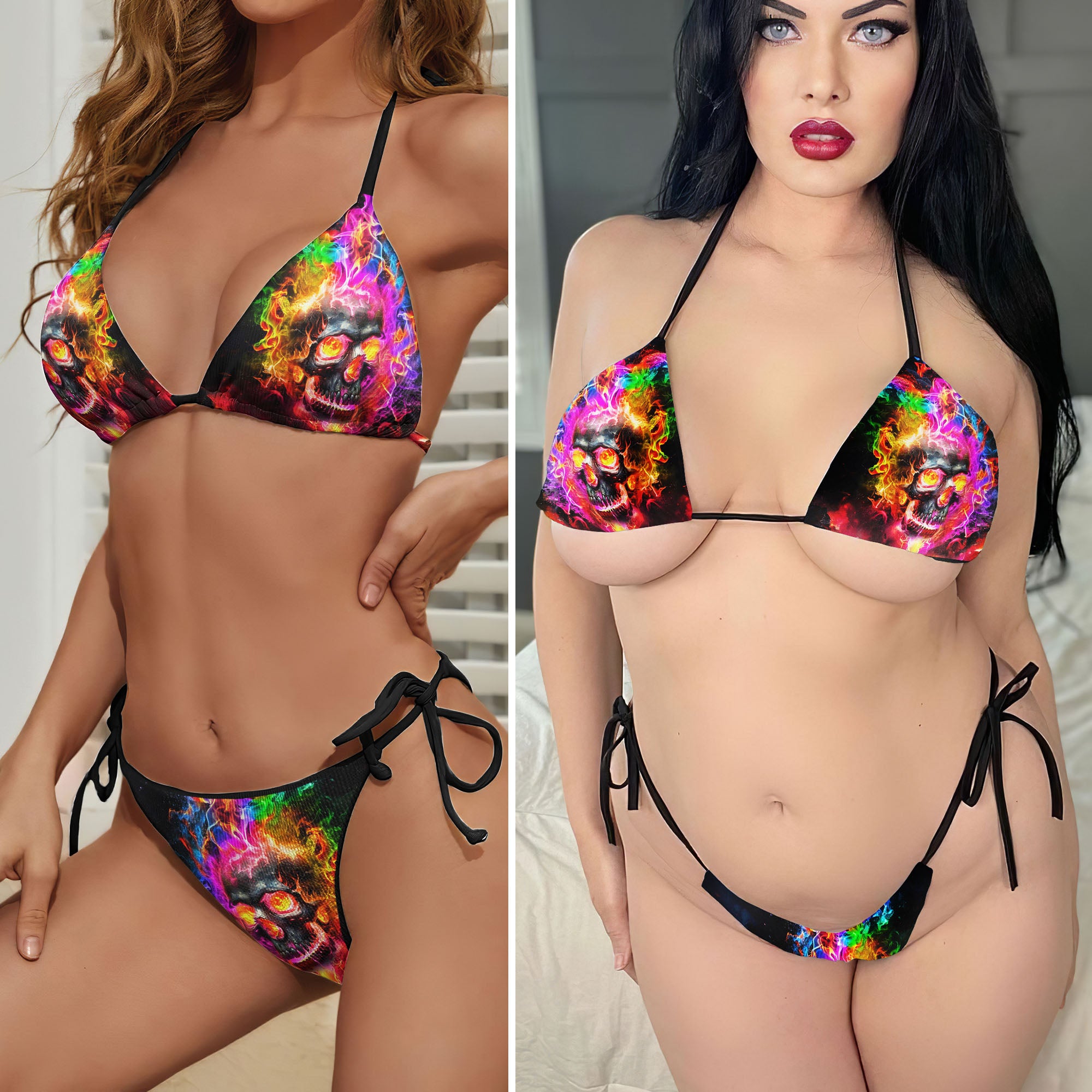 Colorful Fire Skull Micro Triangle Bikini Swimsuit - Wonder Skull