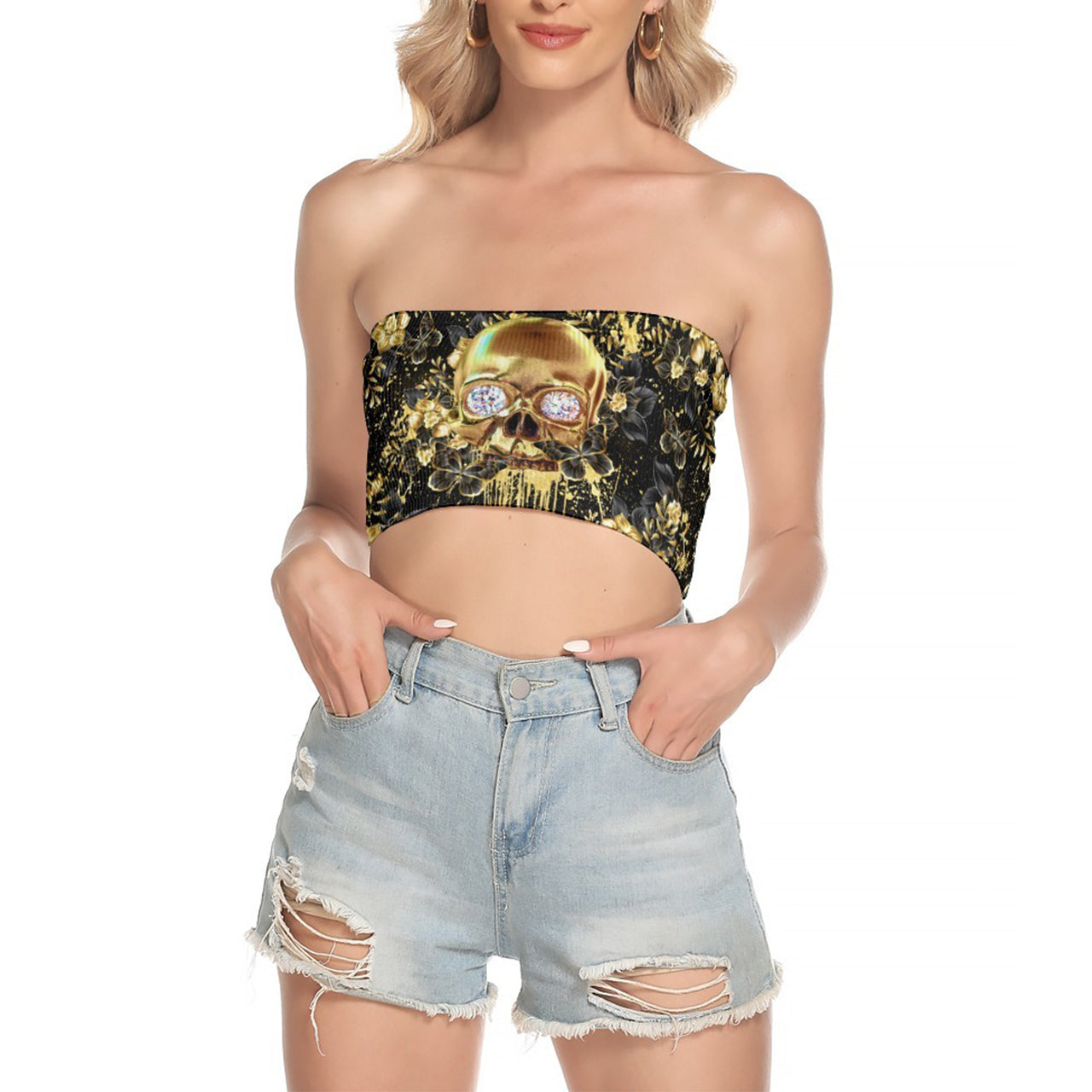 Image featuring a stylish set of women's tube top and high-waisted pants, perfect for summer outings and beachwear. The ensemble exudes a trendy and chic vibe, ideal for resort vacations, beach parties, and poolside lounging. The tube top offers a flattering silhouette, while the high-waisted pants provide comfort and style. This fashionable outfit set is a must-have for anyone looking to make a statement under the sun.