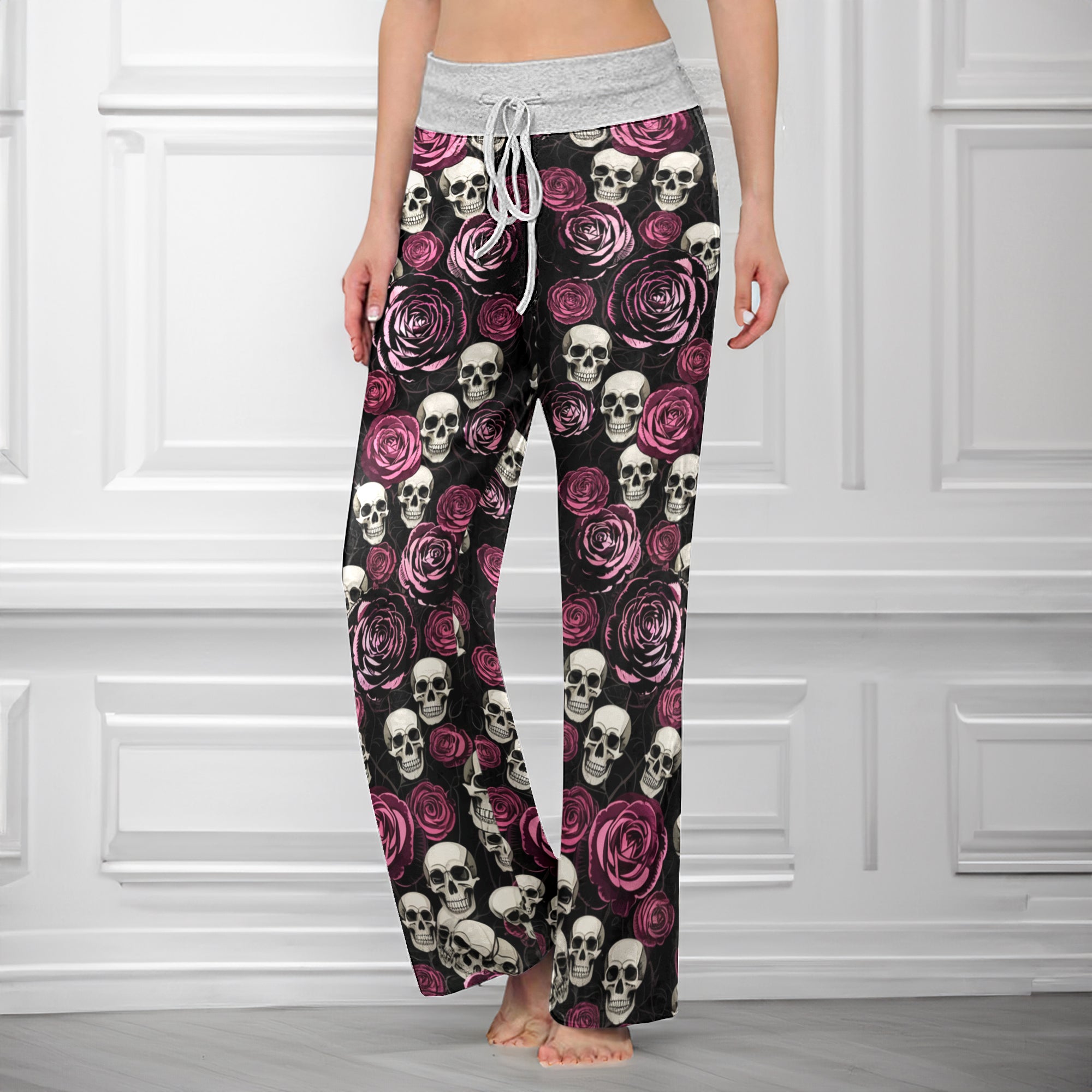 Pastel Gothic Bloom Skull Women's High-waisted Wide Leg Pants