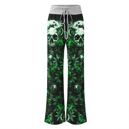 Green Skull Canabis Women's High-waisted Wide Leg Pants | Wonder Skull