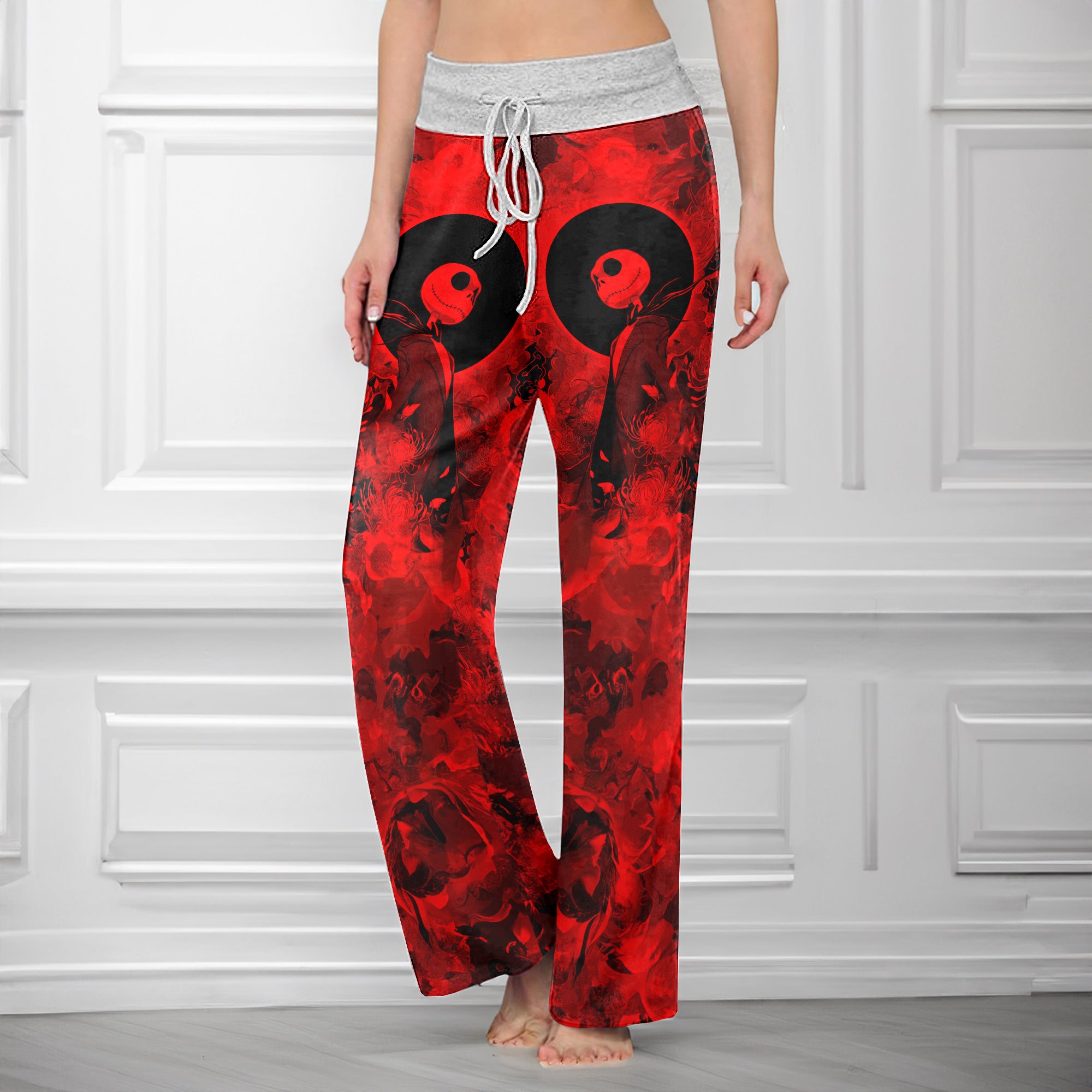 Gothic Skeleton Red Floral Women's High-waisted Wide Leg Pants