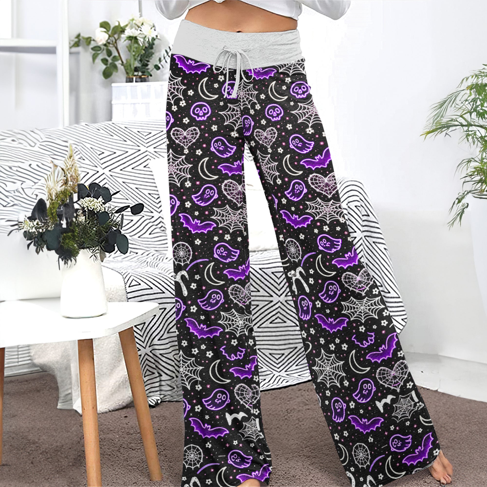Spooky Pastel Goth Pattern Women's High-waisted Wide Leg Pants