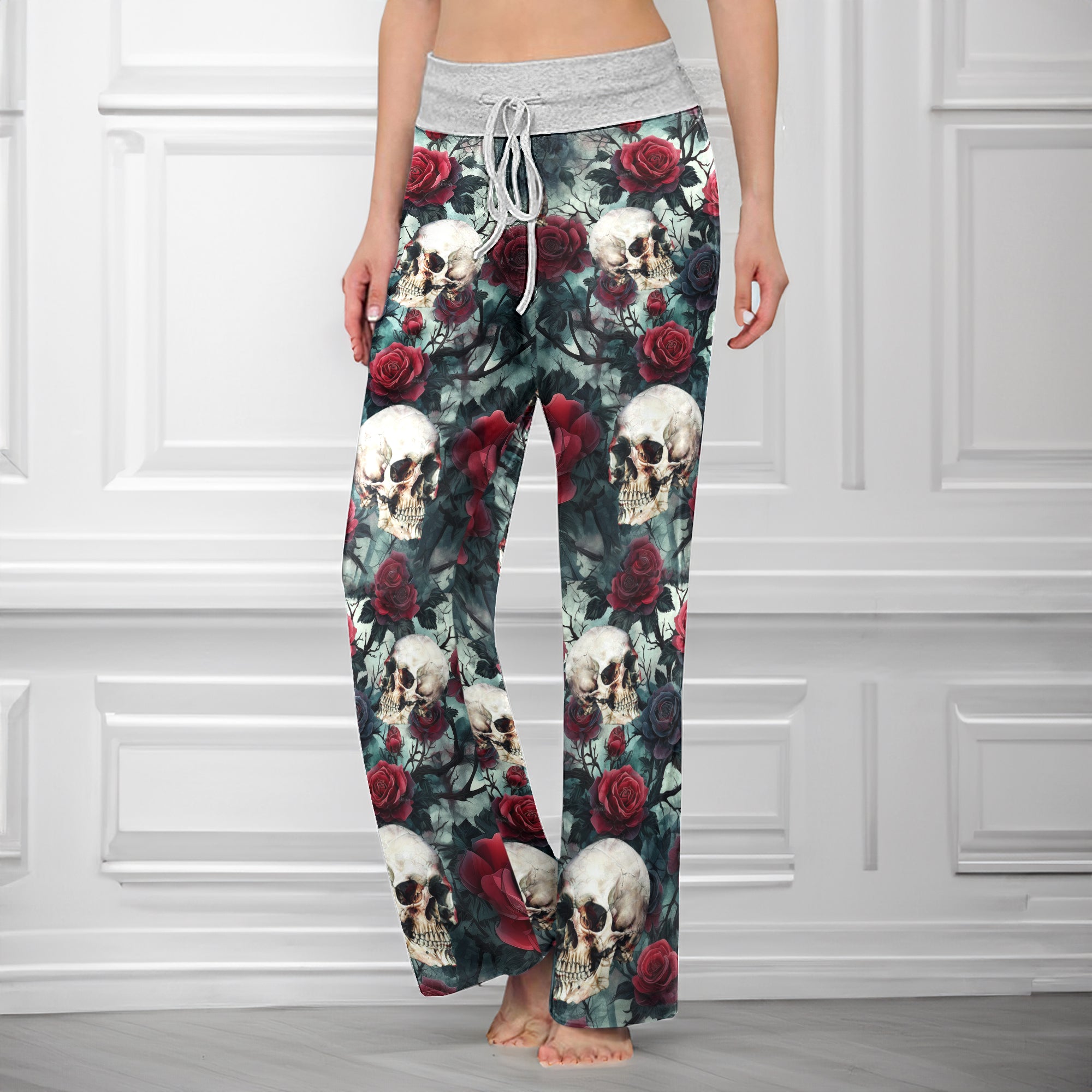 Rose Skull Pattern Thorns Women's High-waisted Wide Leg Pants
