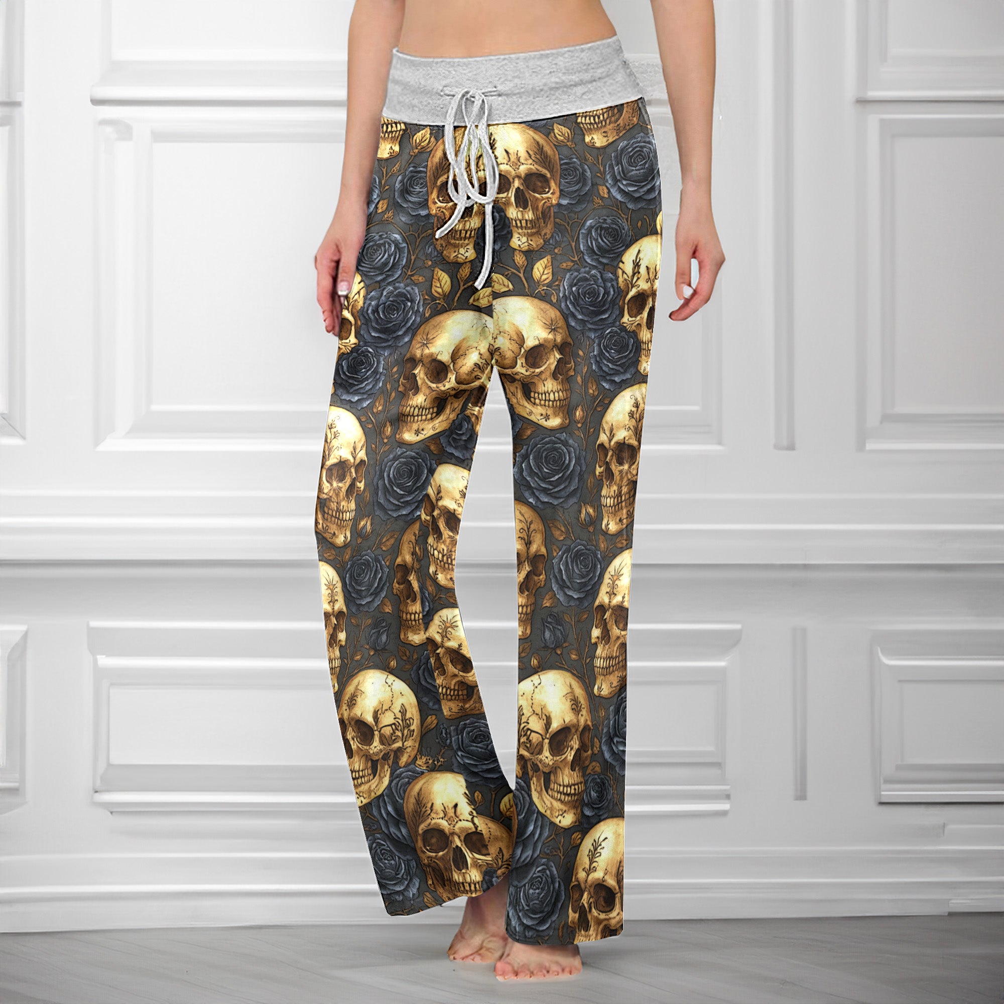 Gold Skull & Black Rose Women's High-waisted Wide Leg Pants
