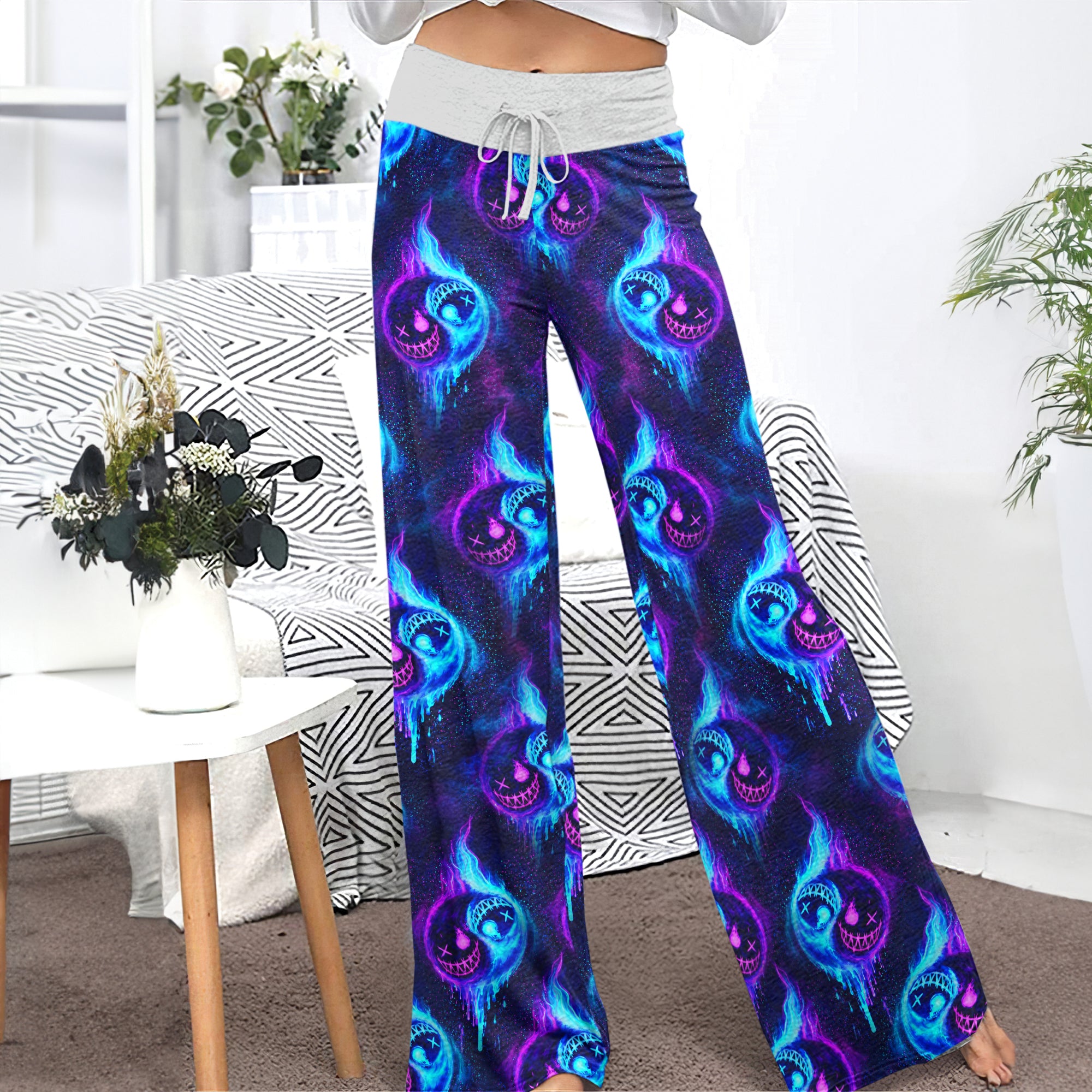 Neon Flame Skull Pattern Women's High-waisted Wide Leg Pants