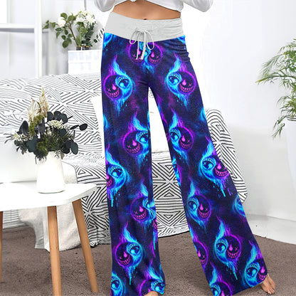 Neon Flame Skull Pattern Women's High-waisted Wide Leg Pants