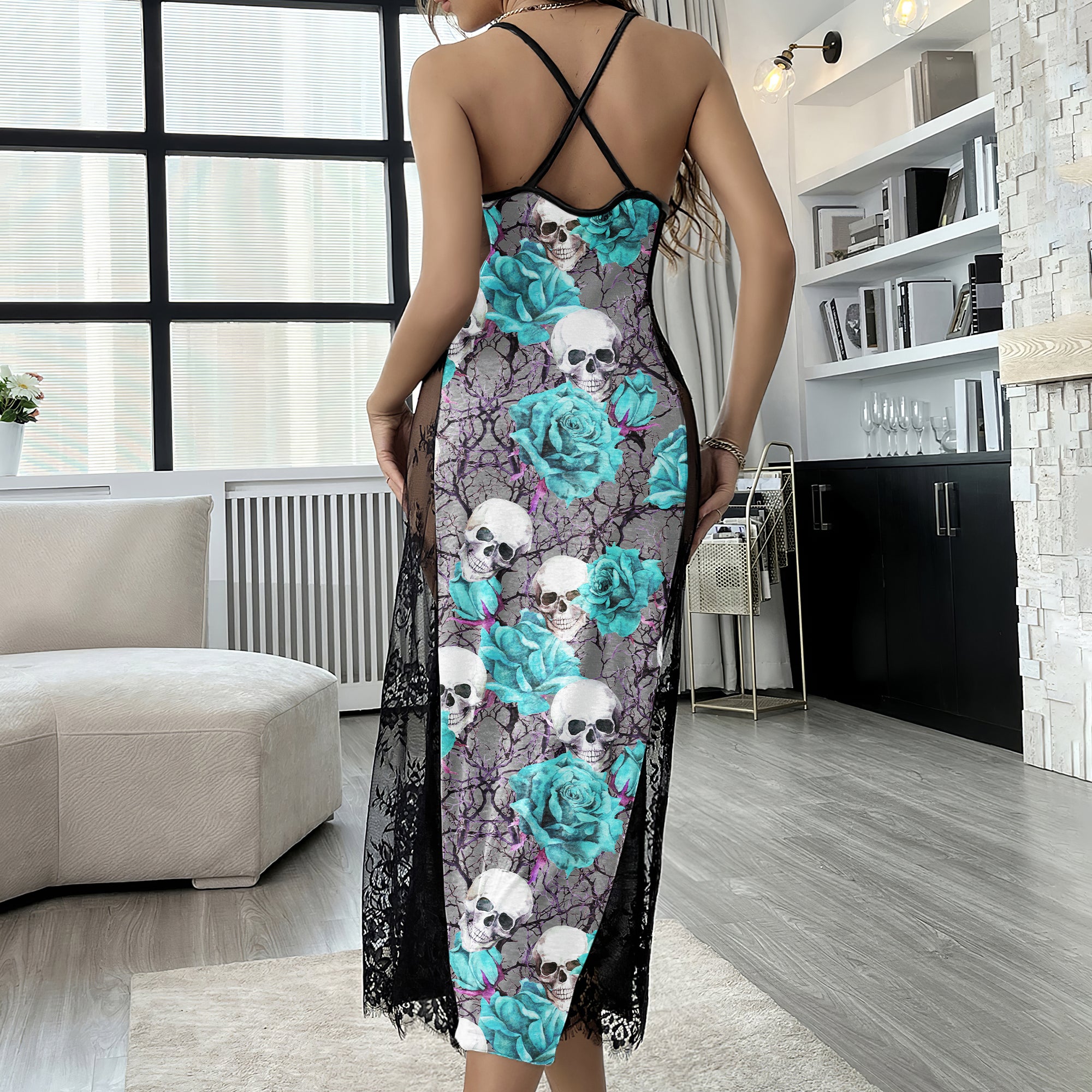 Cyan Skull Rose Pattern Women's Lace Cami Sleepwear