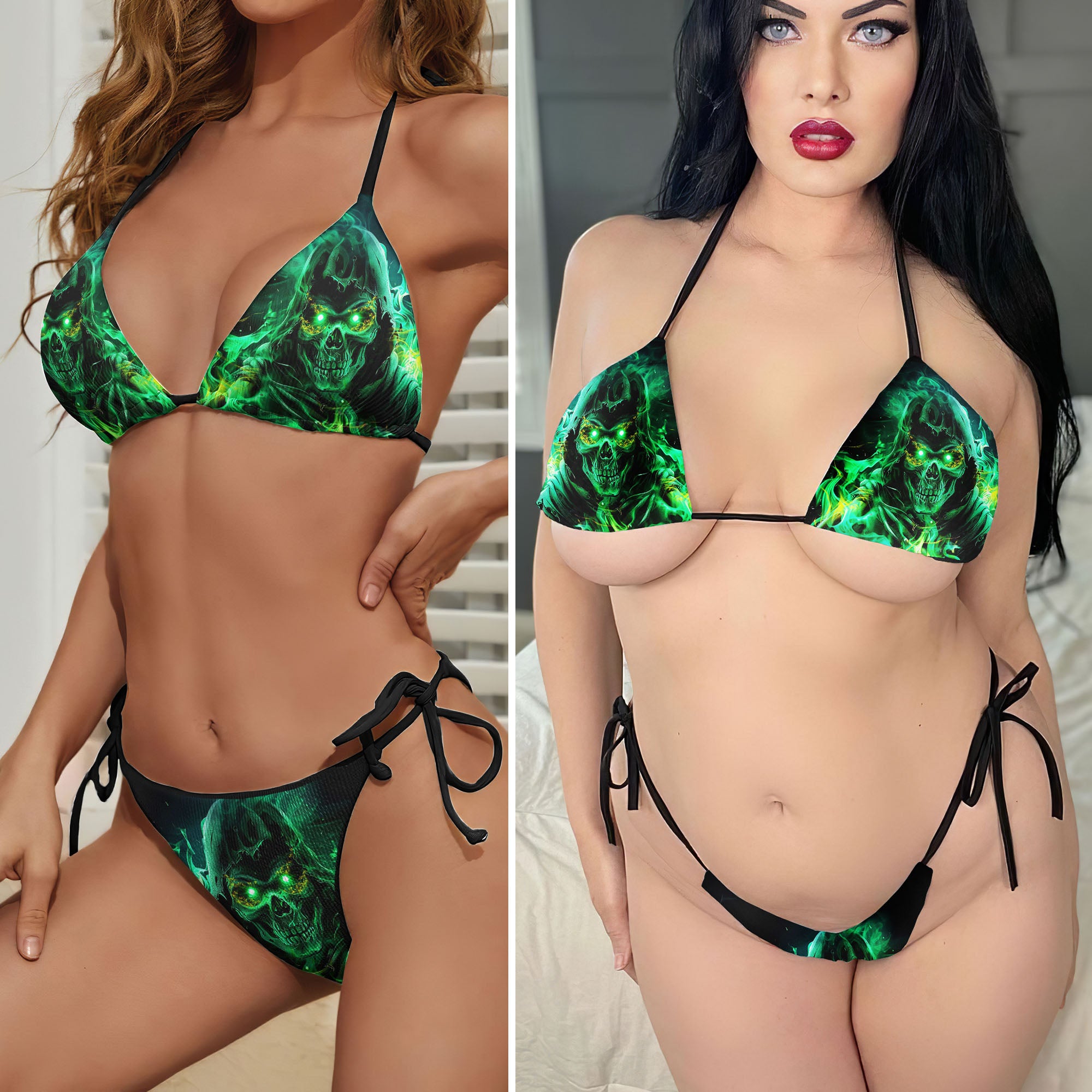 Green Fire Grim Reaper Micro Triangle Bikini Swimsuit - Wonder Skull