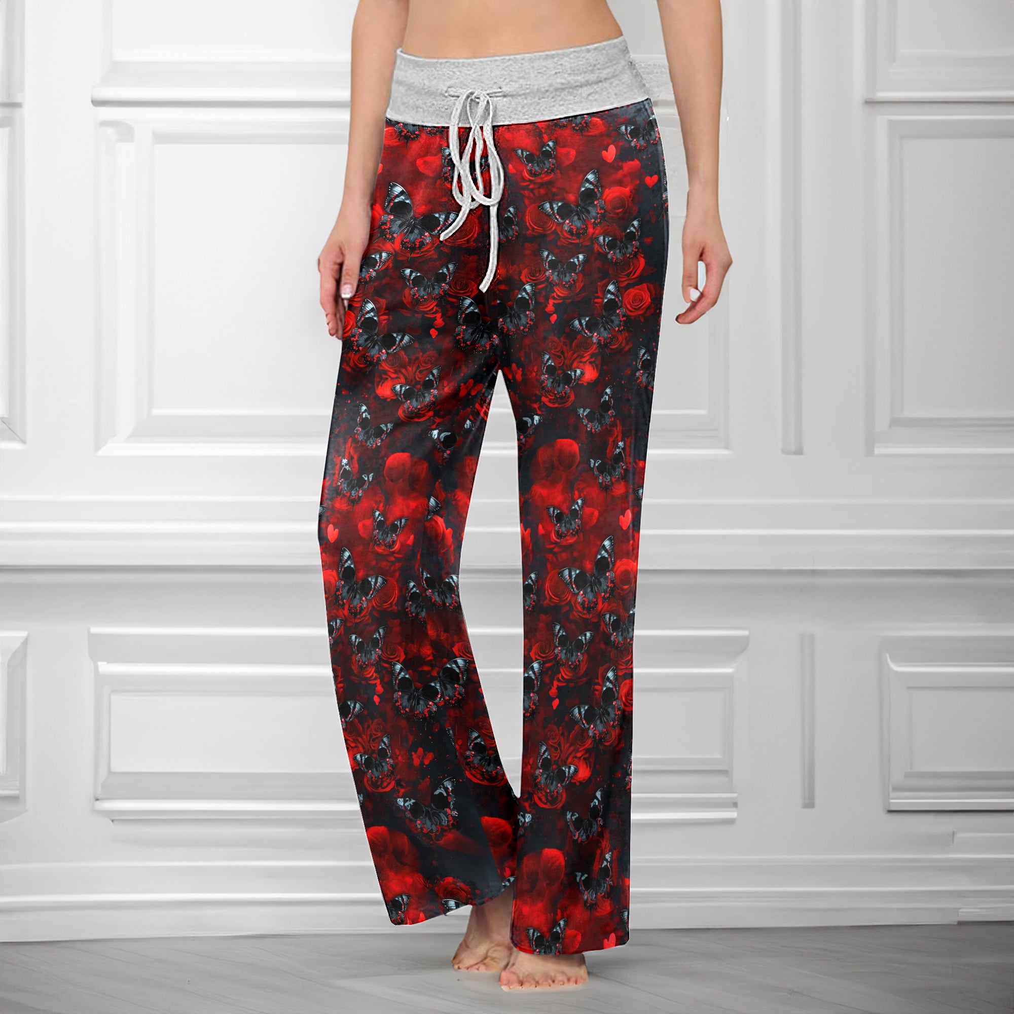 Red Butterfly Skull Pattern Women's High-waisted Wide Leg Pants