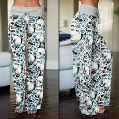 Blue Pastel Floral Skull Women's High-waisted Wide Leg Pants | Wonder Skull