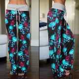 Cyan Skull Rose Gothic Women's High-waisted Wide Leg Pants | Wonder Skull