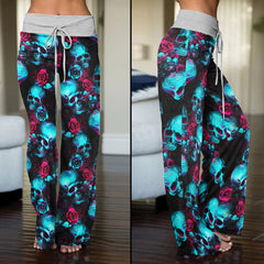 Cyan Skull Rose Gothic Women's High-waisted Wide Leg Pants | Wonder Skull