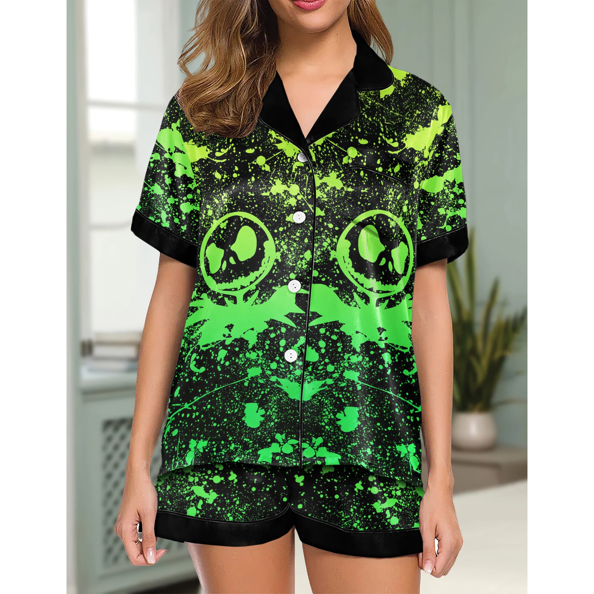 Green Brush Art Women's Pajama Sets Top Sleeve & Short Bottom