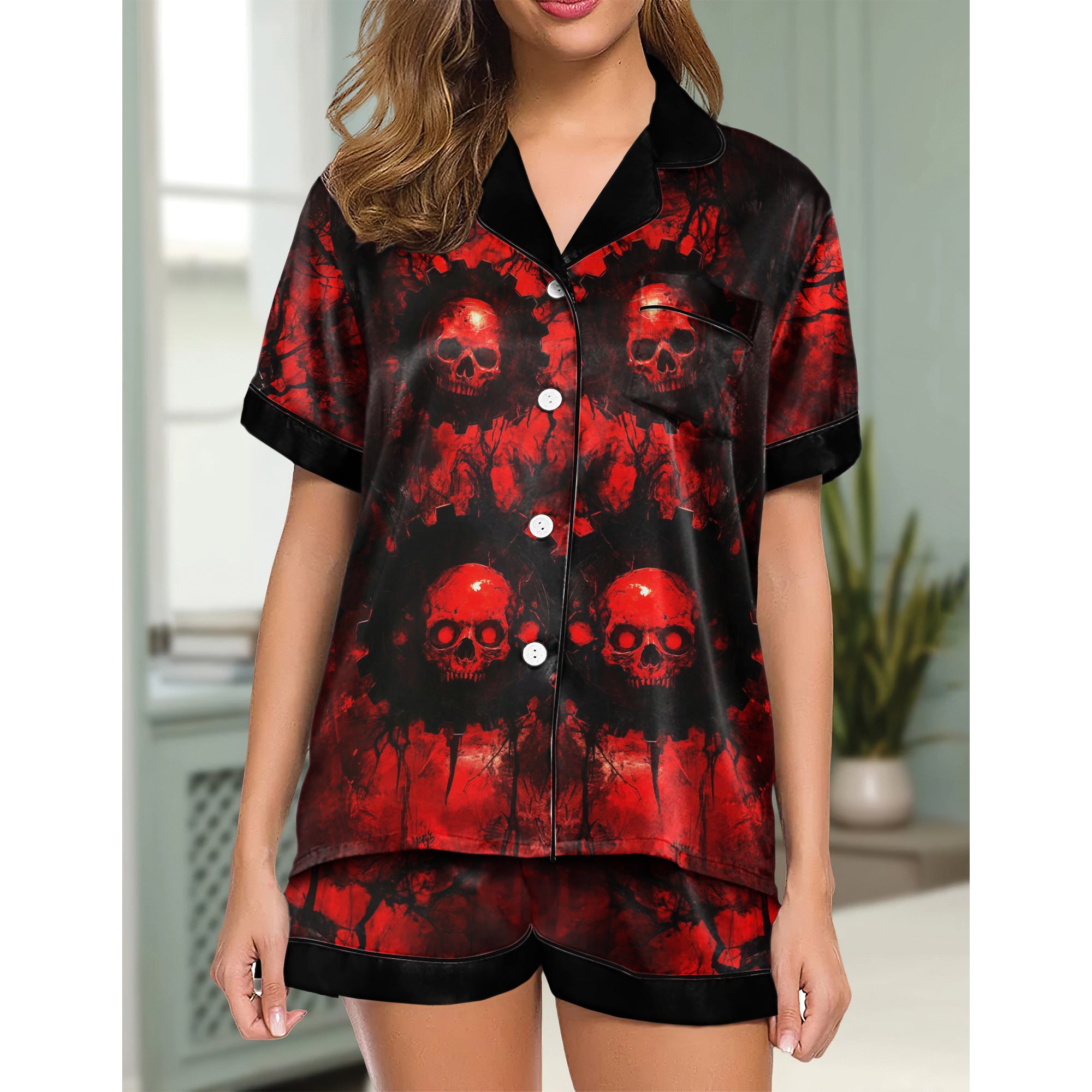Red Skull Scary Women's Pajama Sets Top Sleeve & Short Bottom