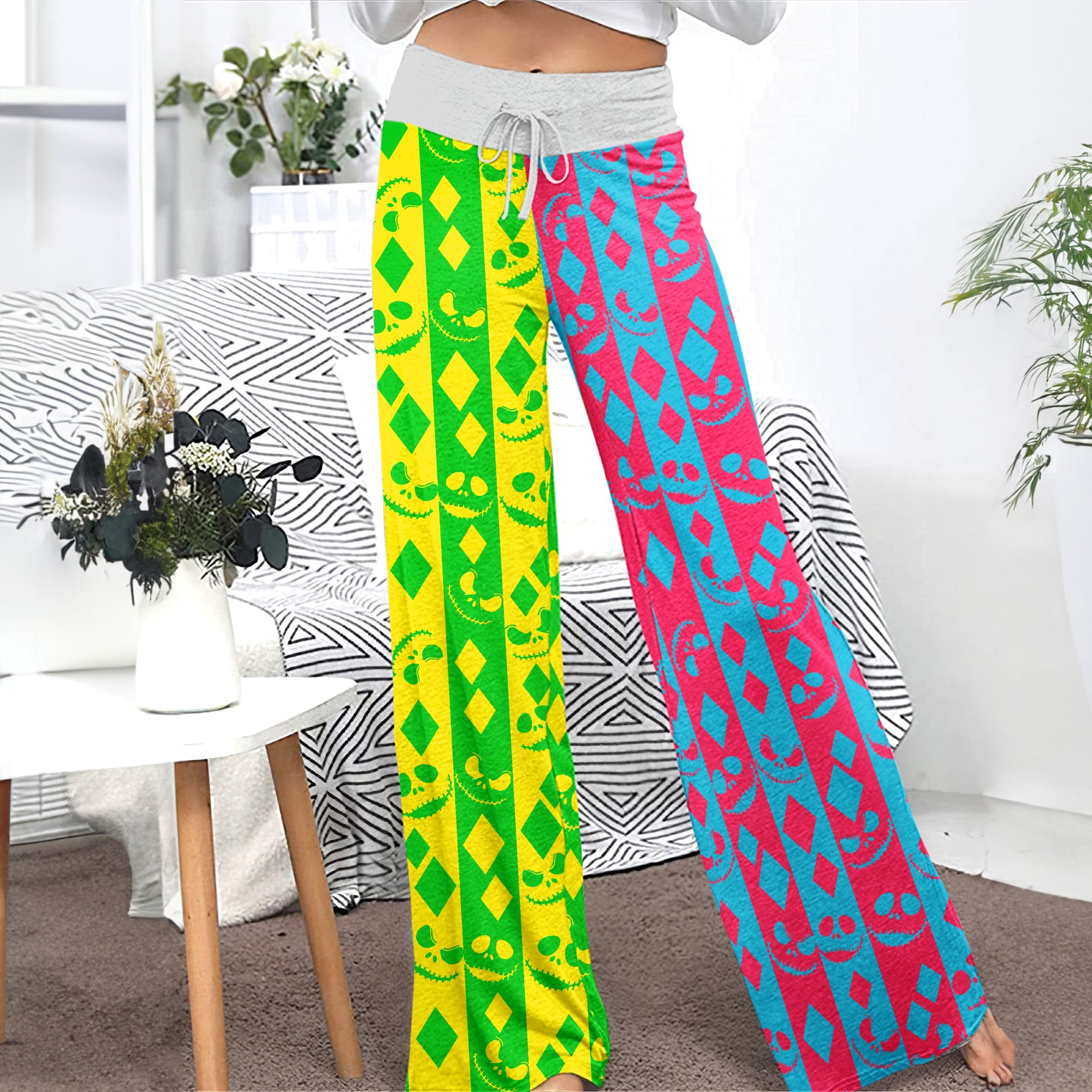Twisted Geometry Skull Diamond Women's High-waisted Wide Leg Pants