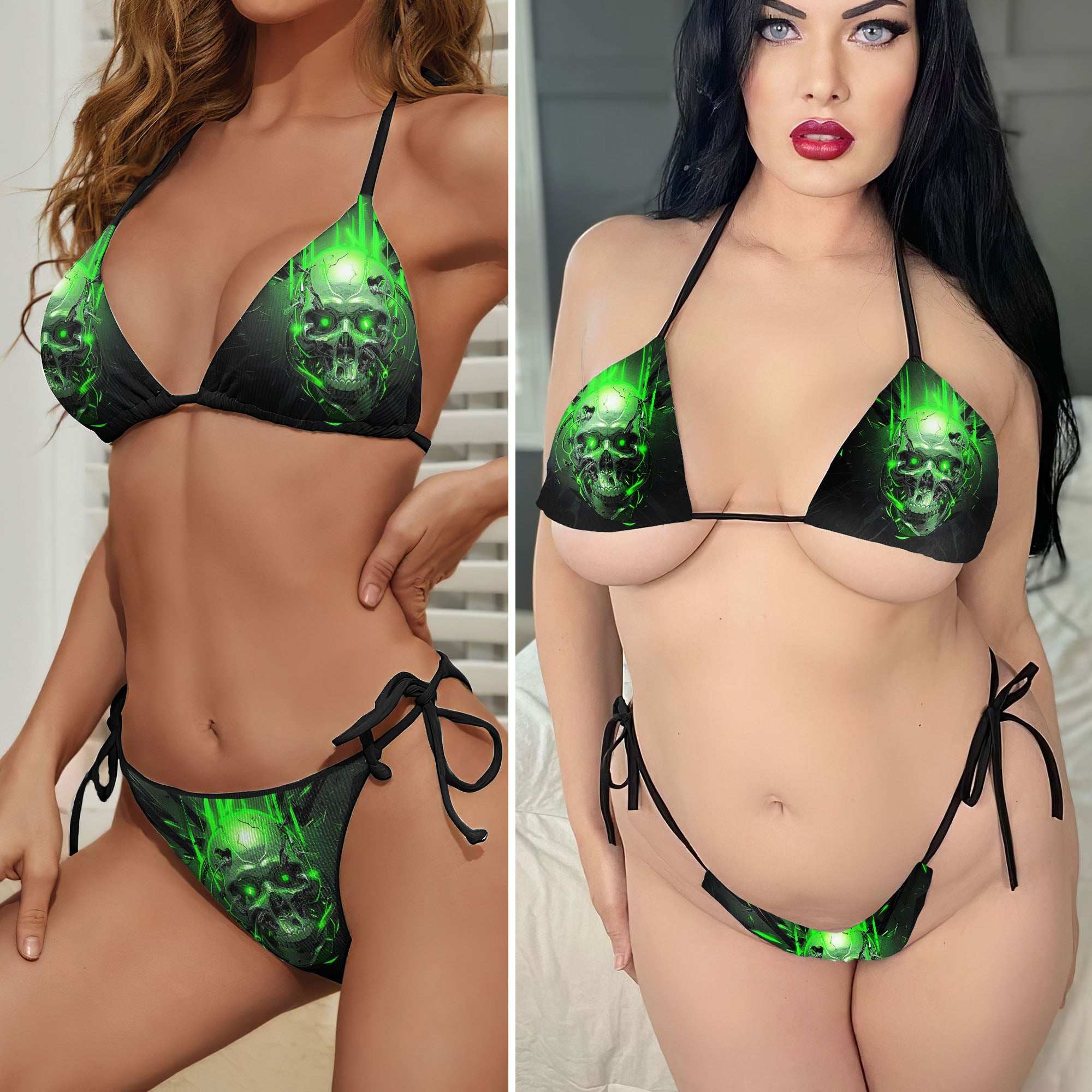 Green Mechanical Skull Micro Triangle Bikini Swimsuit - Wonder Skull