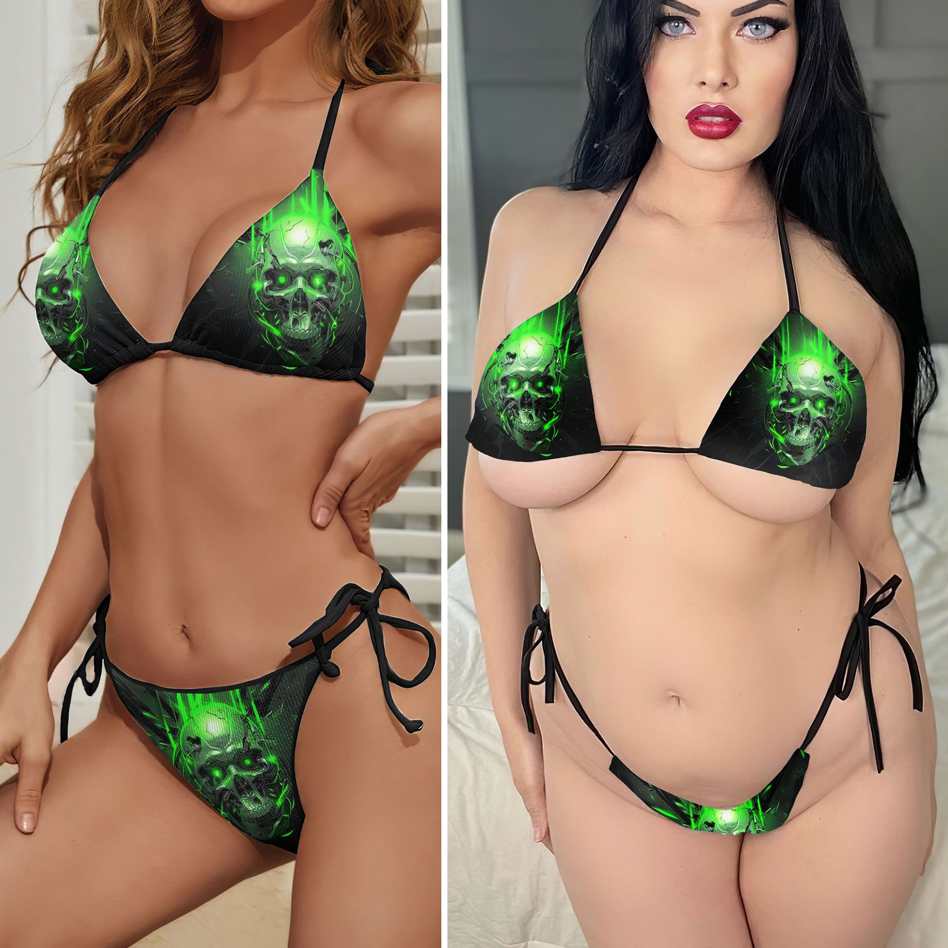 Green Mechanical Skull Micro Triangle Bikini Swimsuit - Wonder Skull