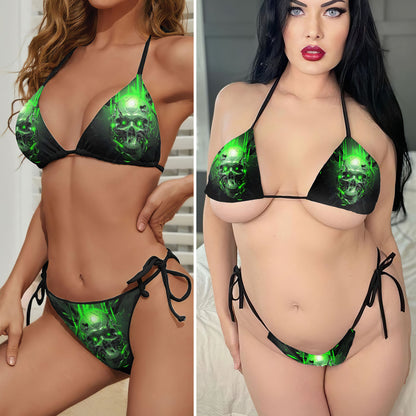 Green Mechanical Skull Micro Triangle Bikini Swimsuit - Wonder Skull