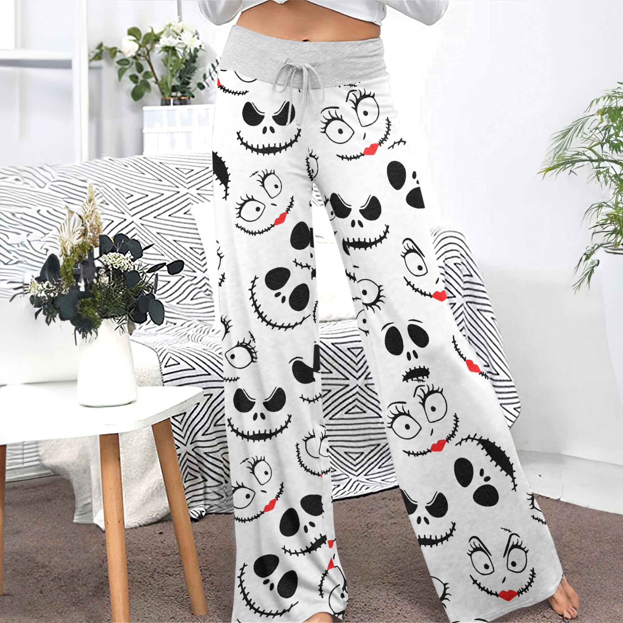 White Pajama Pants Print Drawstring Palazzo Lounge Pants Wide Leg