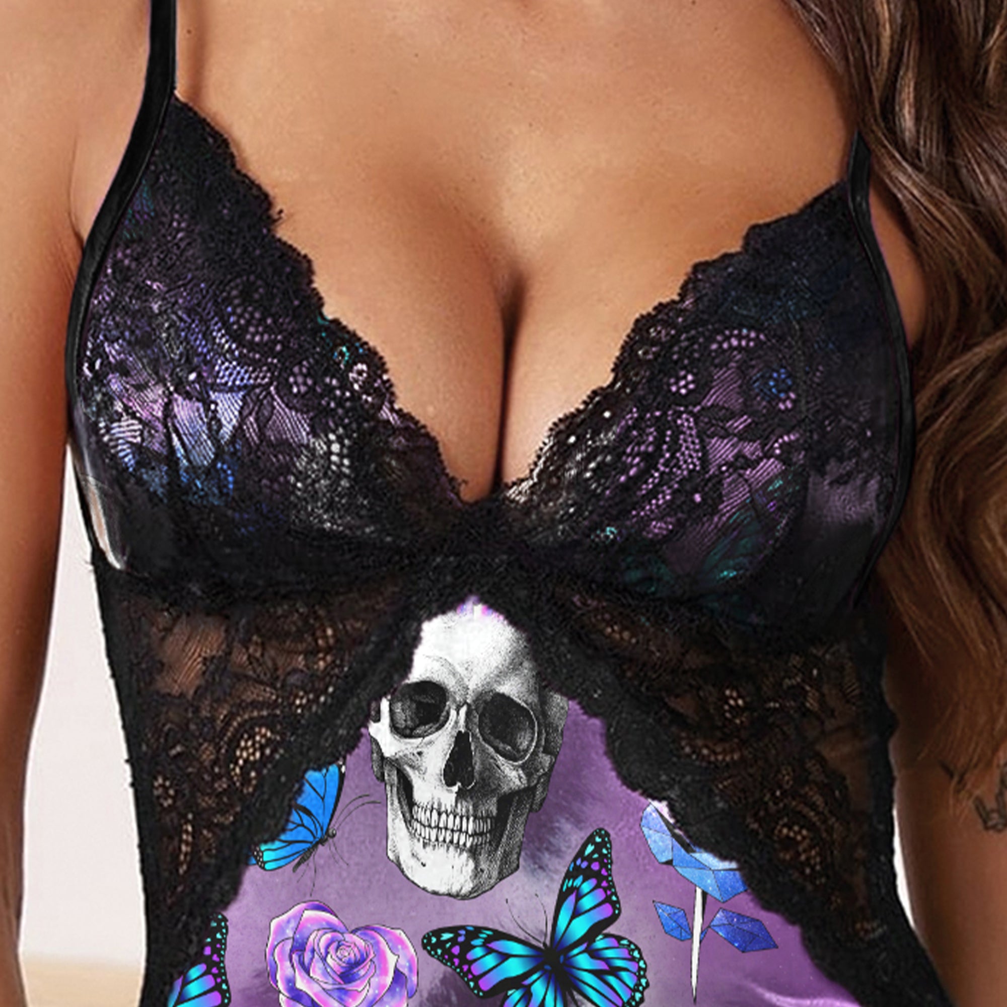 Purple Skull Butterfly Gothic & Punkrock Women's Sleepwear | Lace Cami Dress Nightgowns