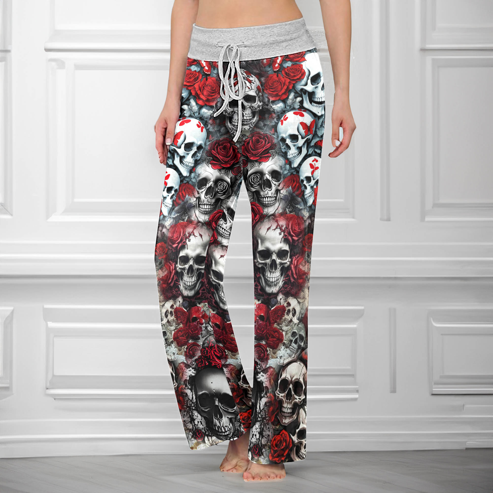 Gothic Skull Red Garden Women's High-waisted Wide Leg Pants