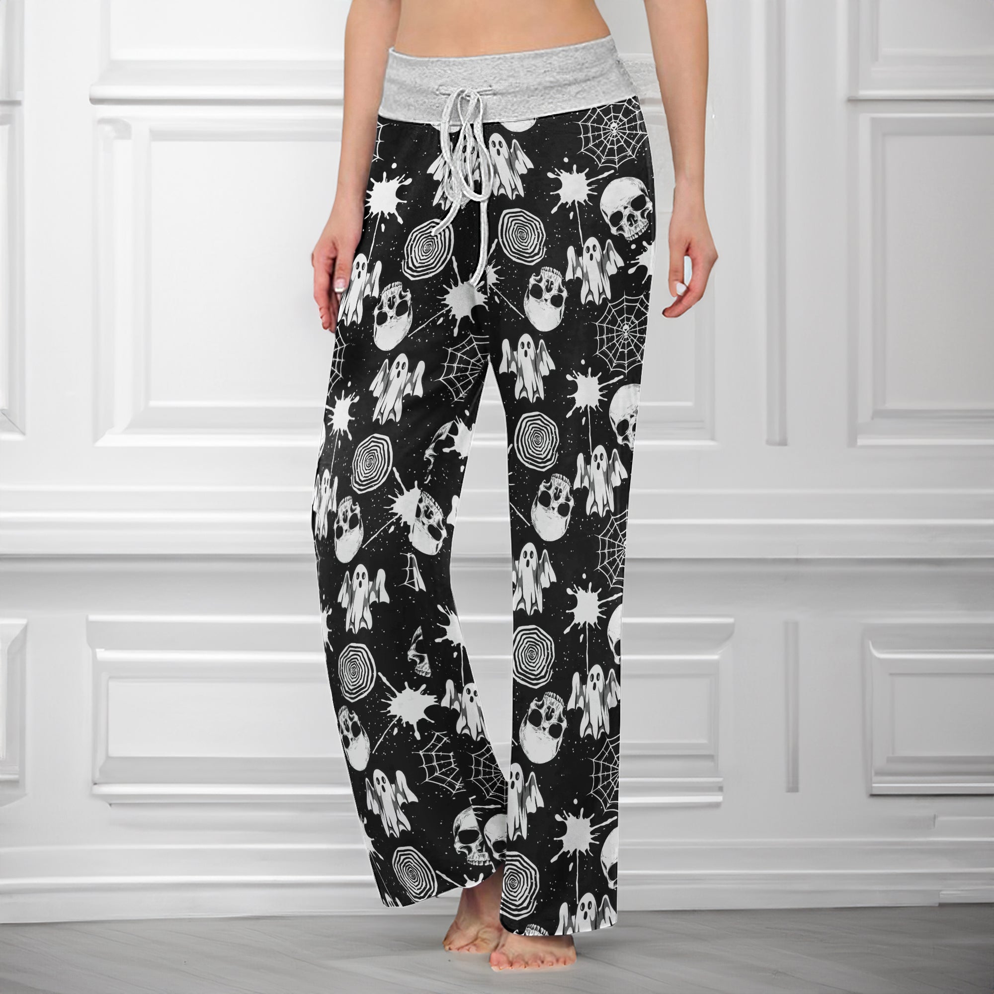 Halloween Skull Pattern Women's High-waisted Wide Leg Pants