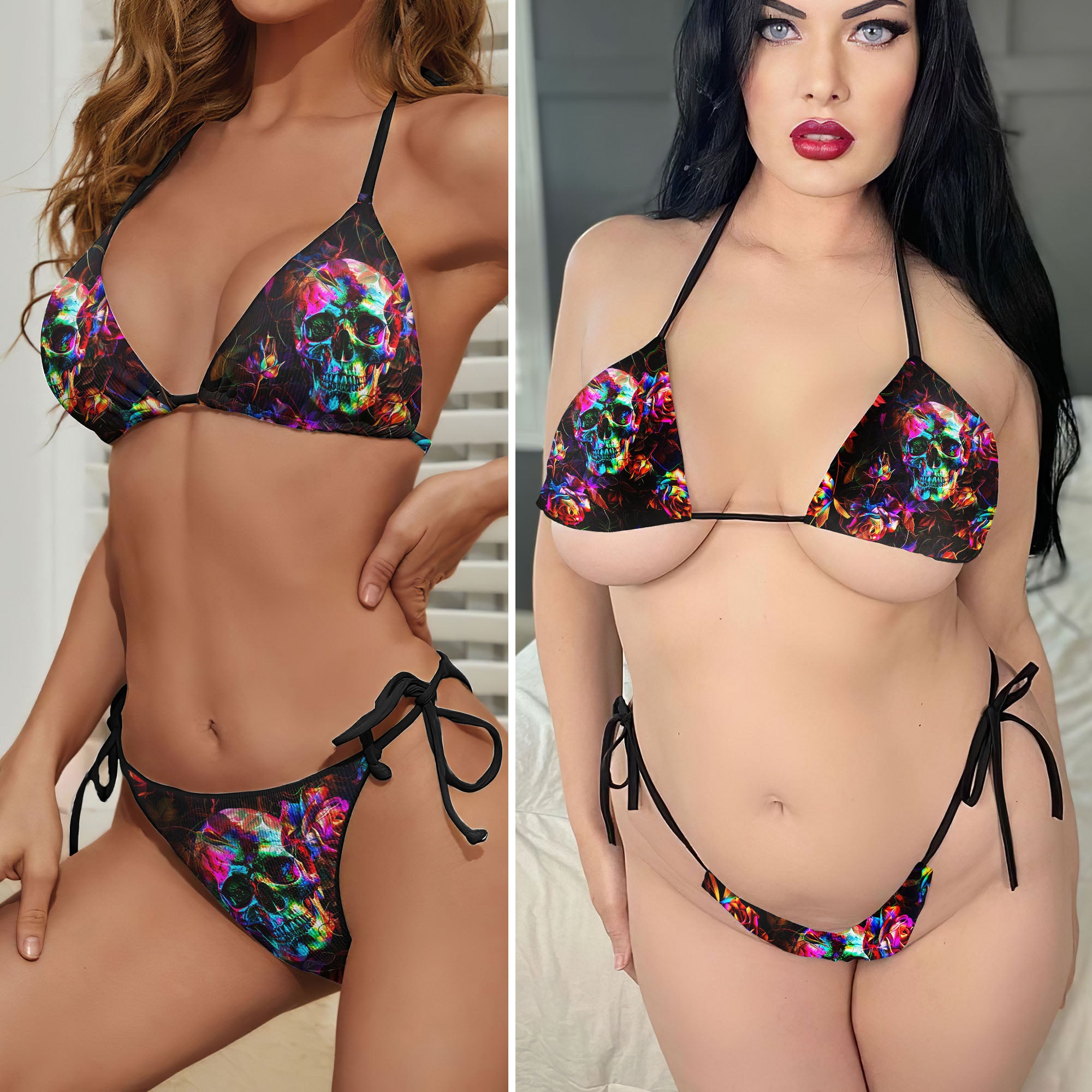 Abstract Skull Rose Micro Triangle Bikini Swimsuit - Wonder Skull