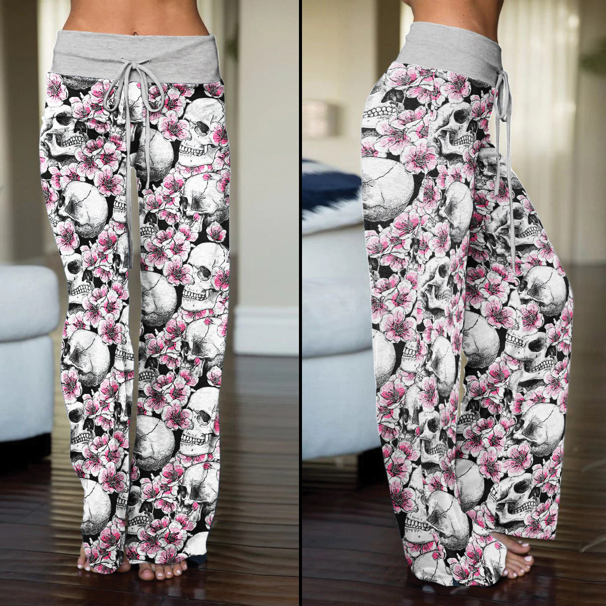 Pink Pastel Floral Skull Women's High-waisted Wide Leg Pants | Wonder Skull