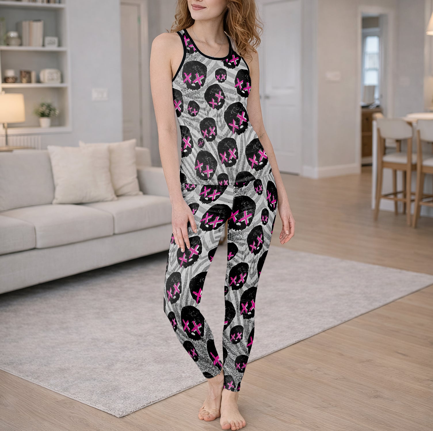 Pink Glitch Skulls Pattern Tanktop and Leggings