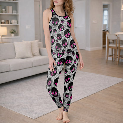 Pink Glitch Skulls Pattern Tanktop and Leggings