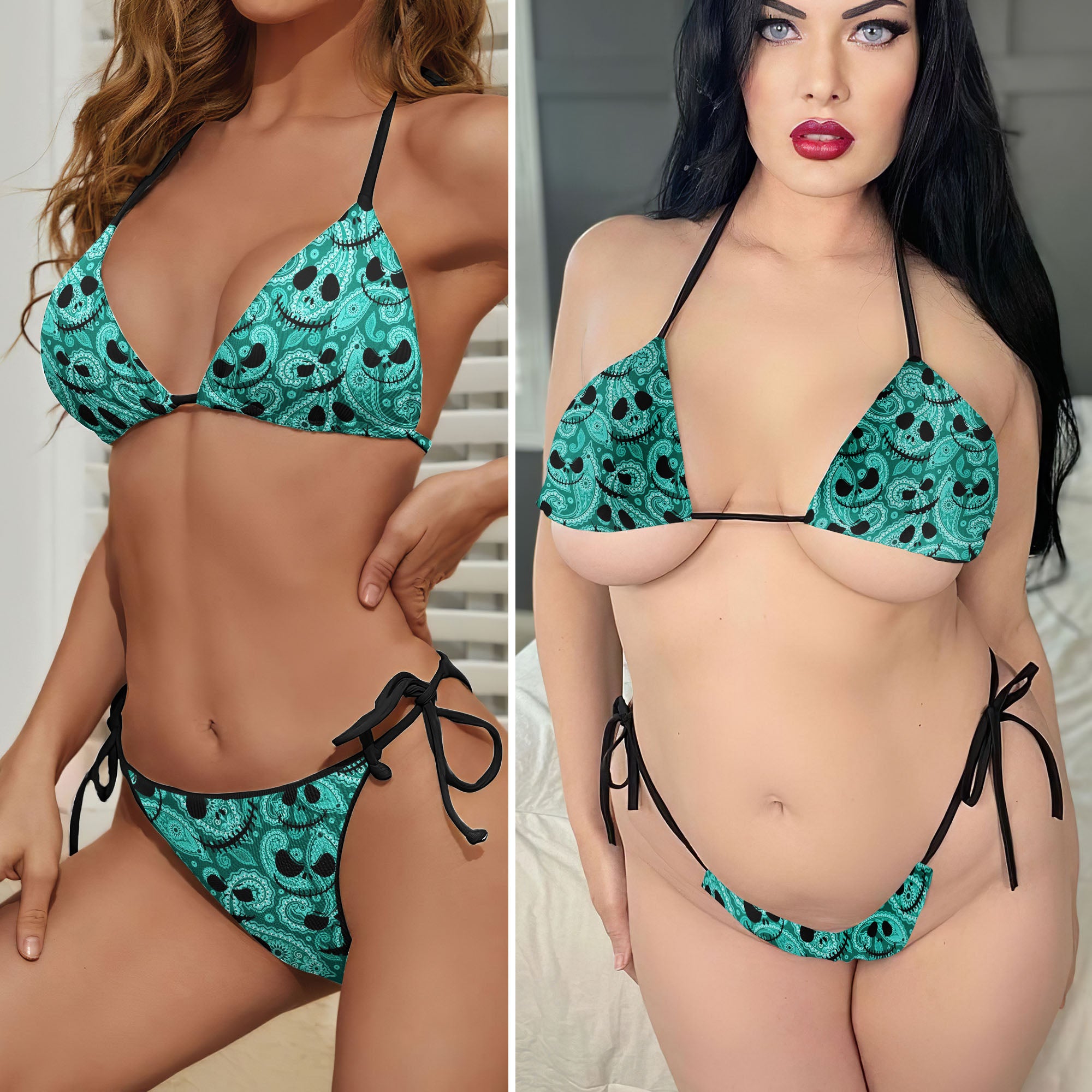 Cyan Paisley Skull Pattern Micro Triangle Bikini Swimsuit