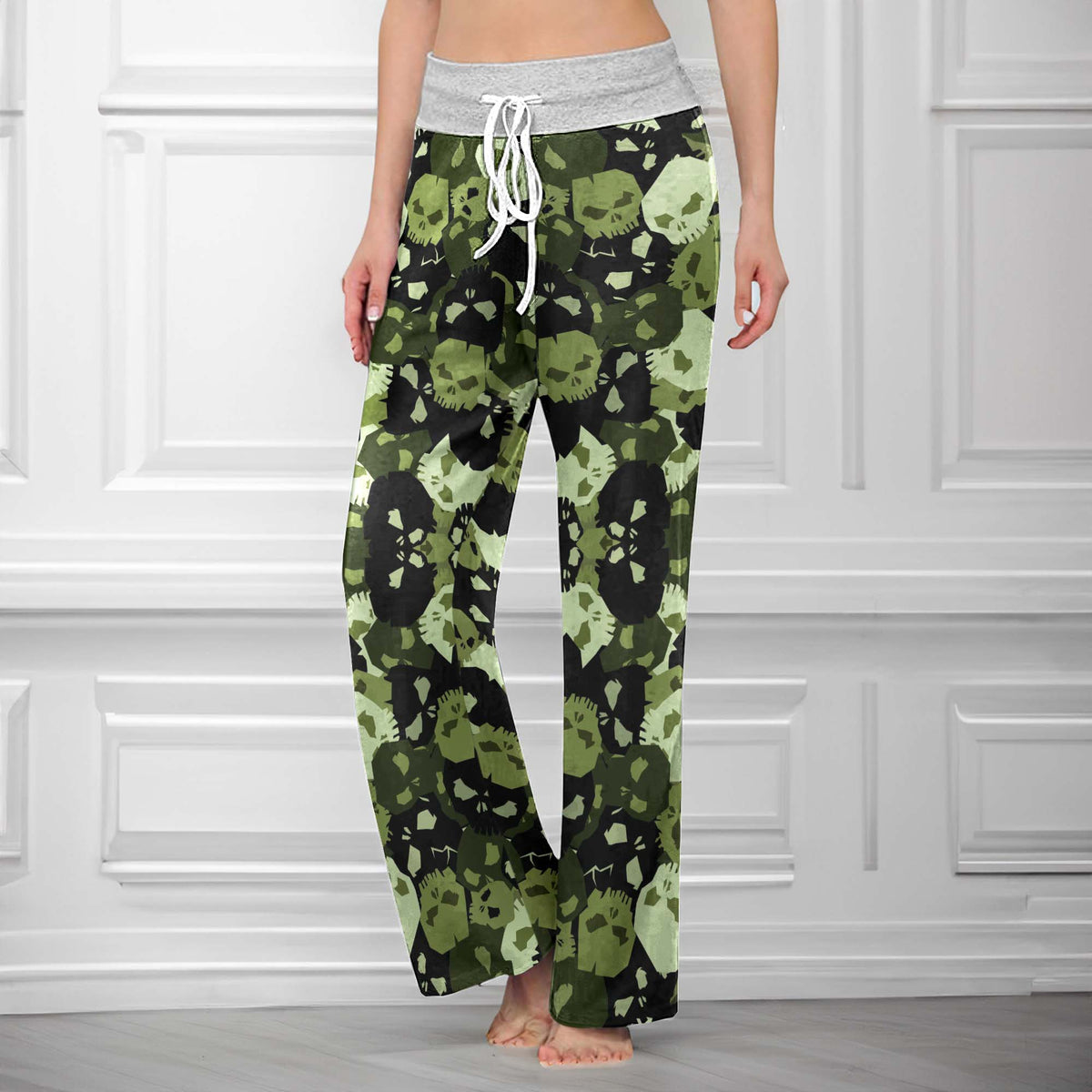 Green Skull Camo Pattern Women's High-waisted Wide Leg Pants