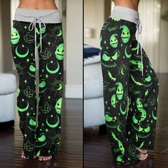 Black Green Christmas Theme Women's High-waisted Wide Leg Pants | Wonder Skull