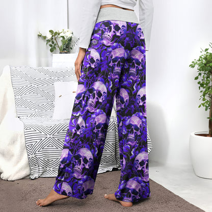 Violet Skull Flower Pattern Women's High-waisted Wide Leg Pants | Wonder Skull