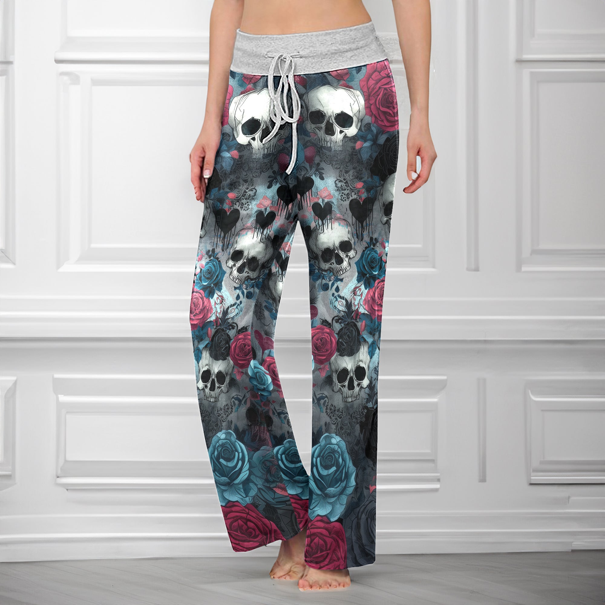 Cyan Skull Rose Pattern Women's High-waisted Wide Leg Pants