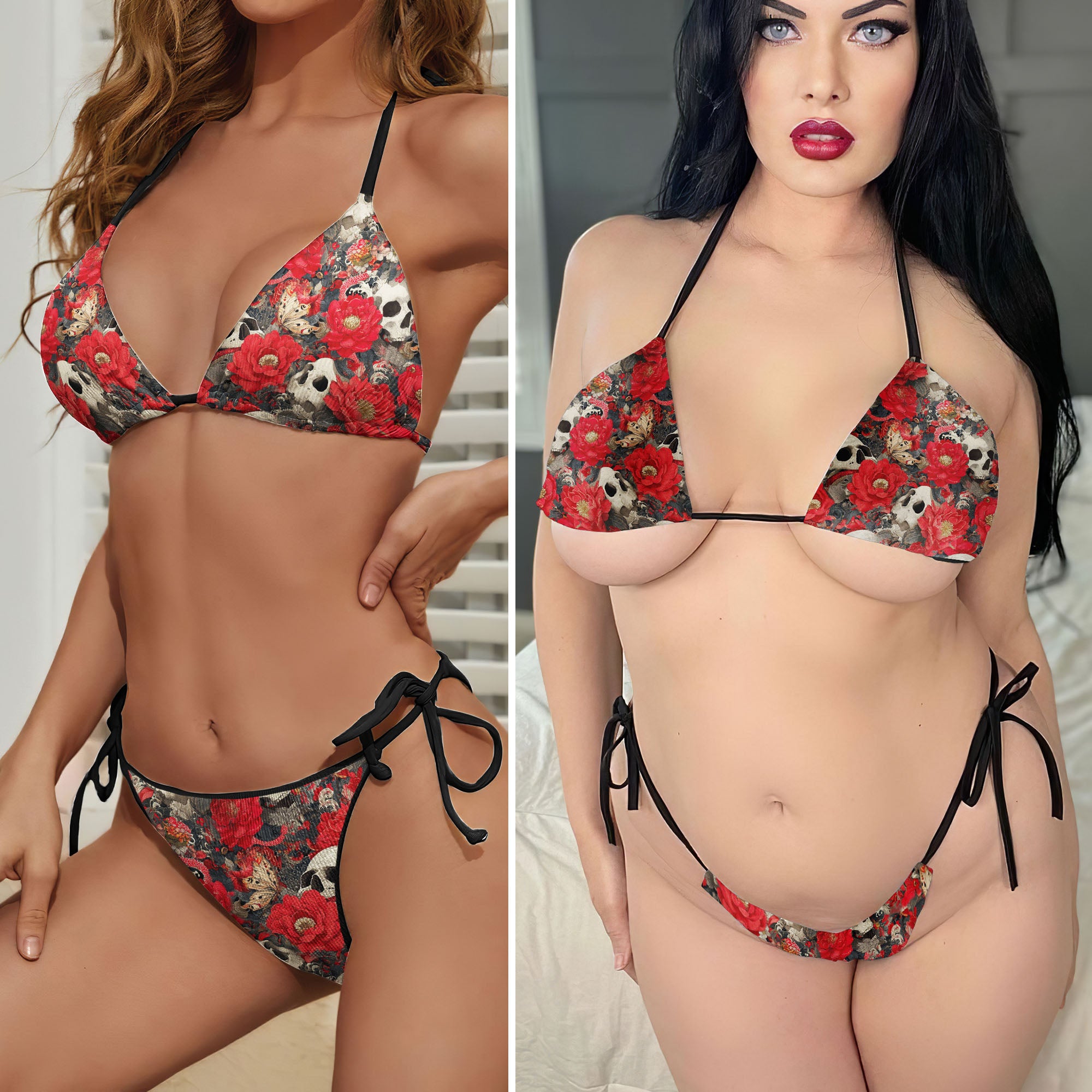 Red Flower Skull Pattern Micro Triangle Bikini Swimsuit