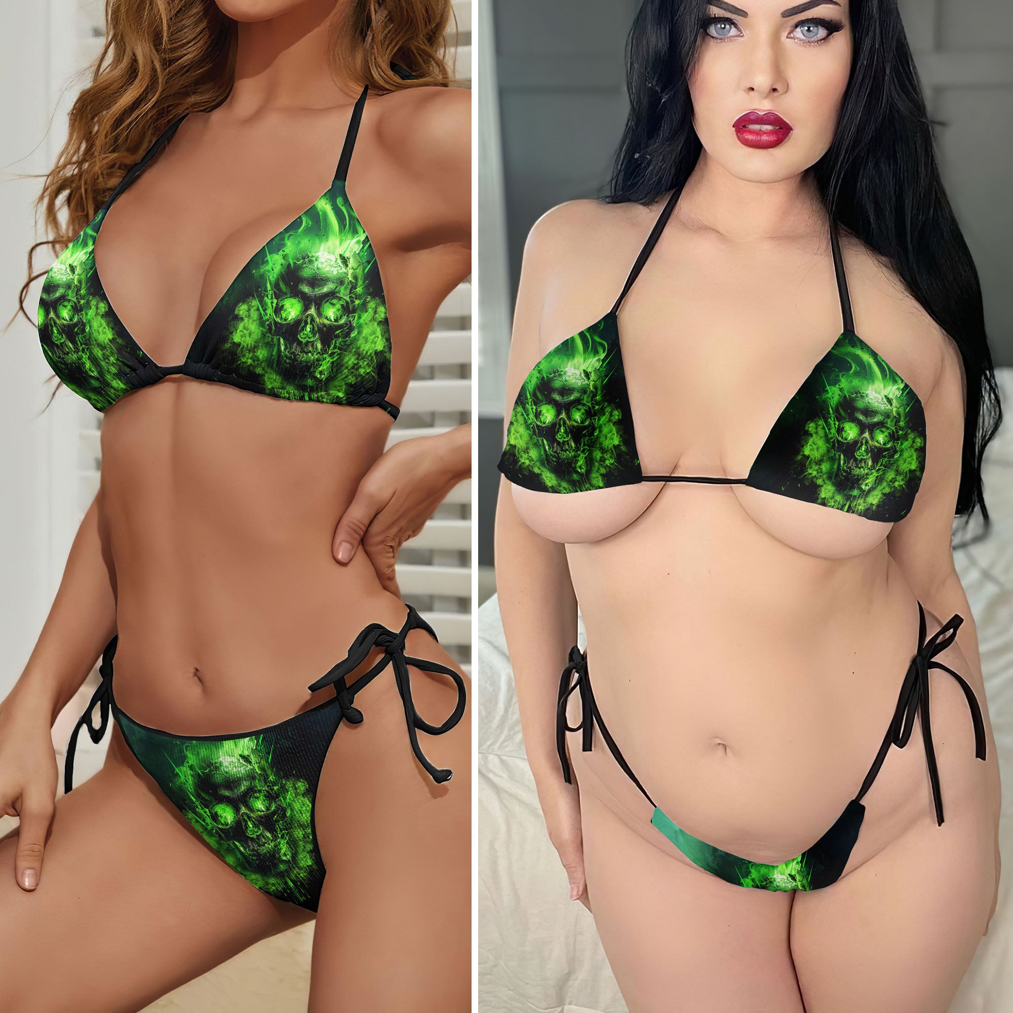 Flaming Green Skull Micro Triangle Bikini Swimsuit - Wonder Skull Micro Triangle Bikini Swimsuit - Wonder Skull