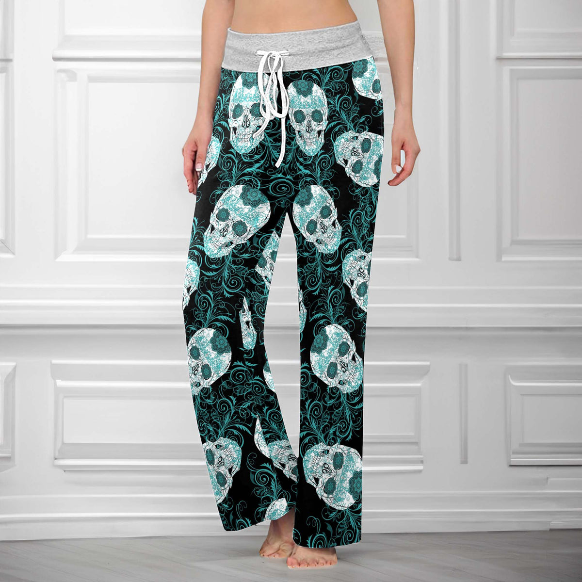 Gothic Teal Rose Skulls Women's High-waisted Wide Leg Pants