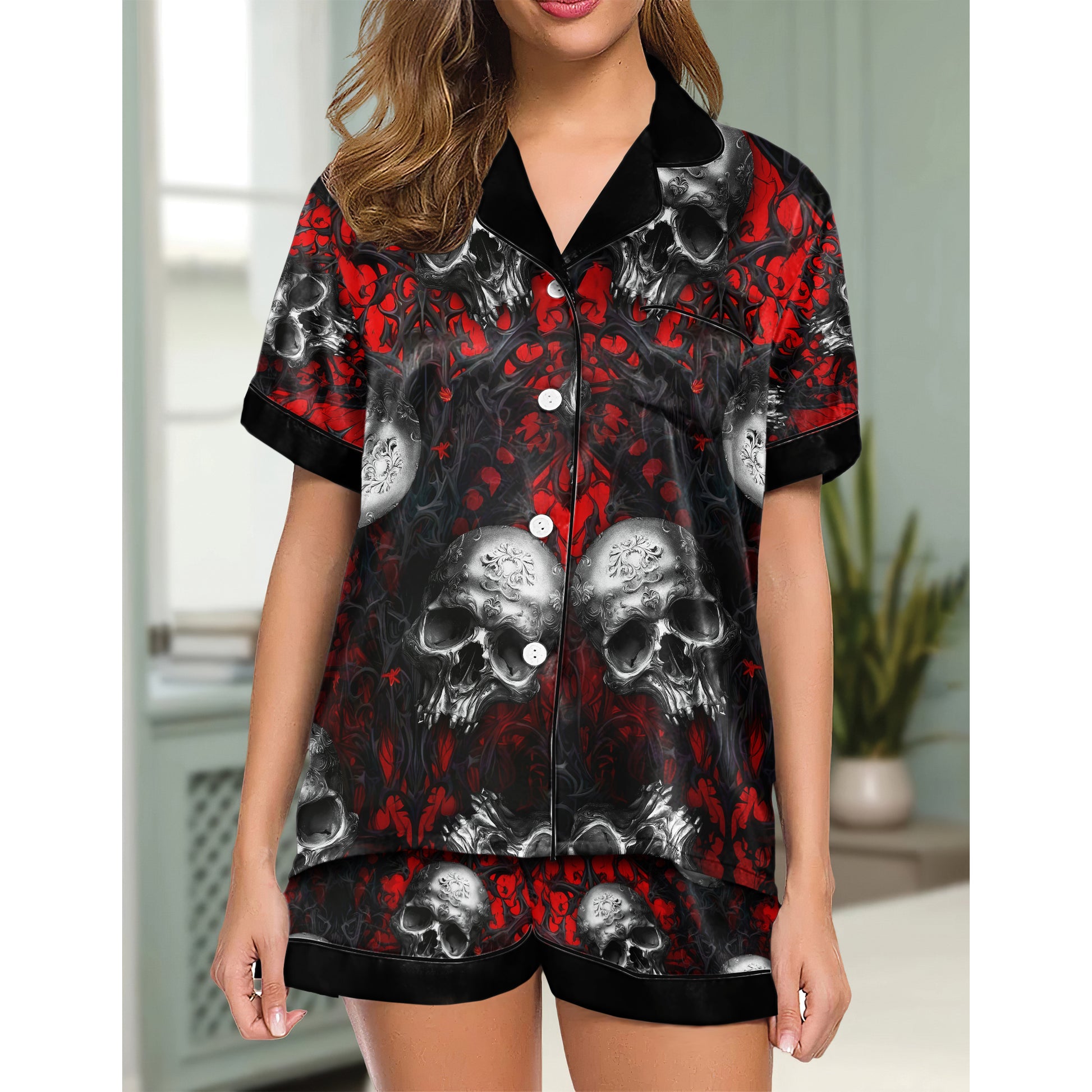 Chic and stylish women's pajama set with unique design prints and statement sleeves, Soft and luxurious fabrics make this pajama set perfect for bedtime or lounging at home.