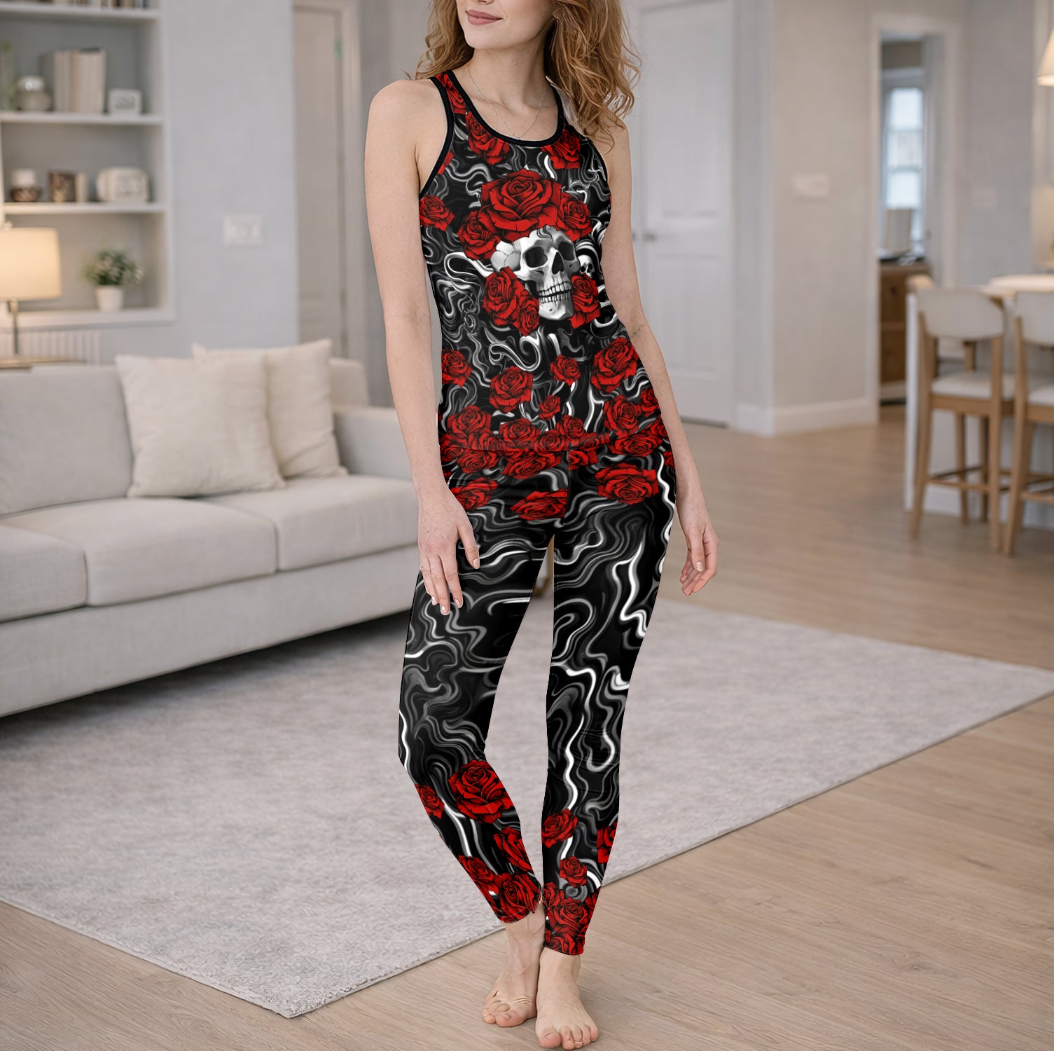 Midnight Rose Skull Pattern Tanktop and Leggings