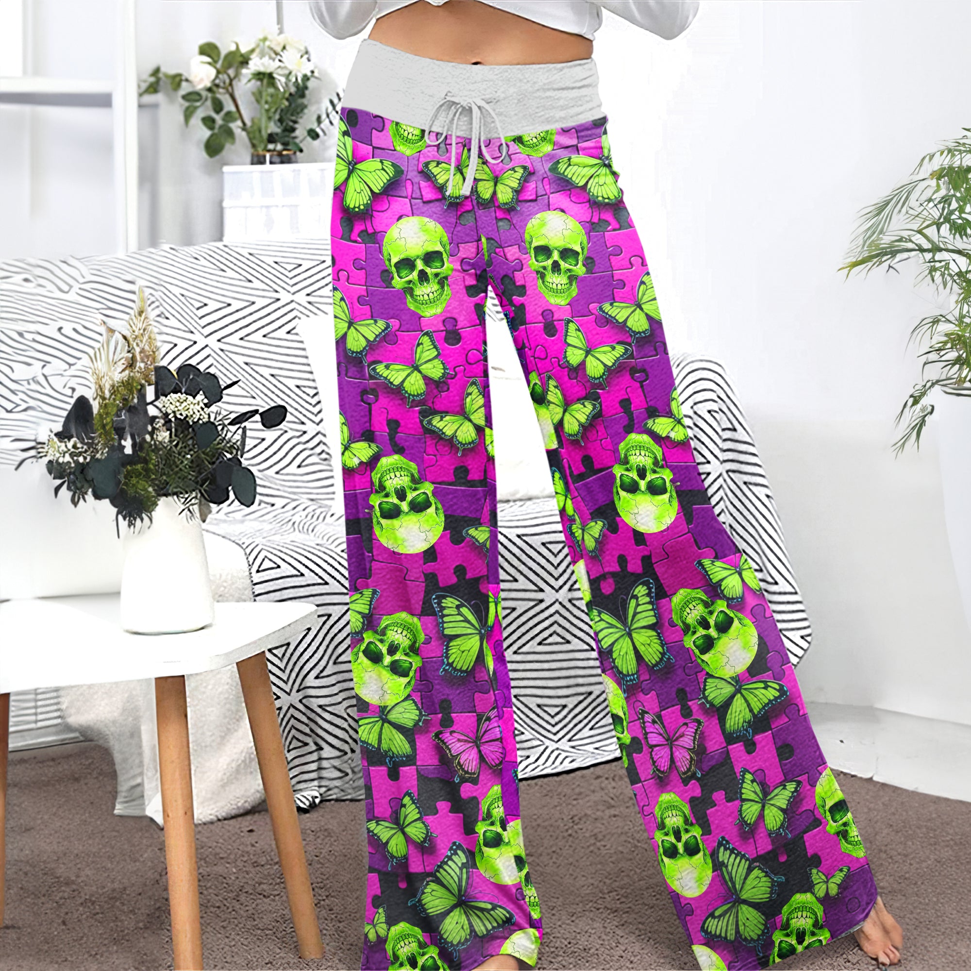 Neon Purple Puzzle Skull Women's High-waisted Wide Leg Pants