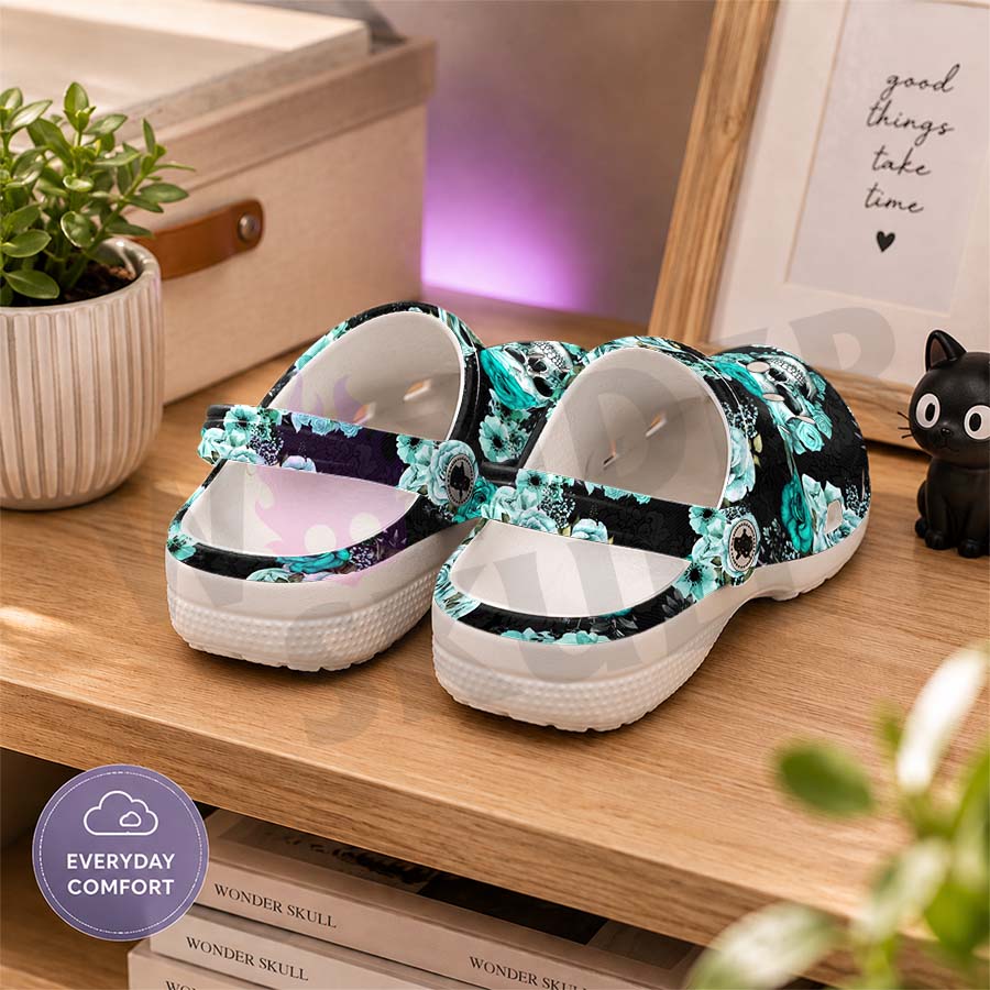 Cyan Skull Floral Non Slip Clogs Rubber Shoes Sandal Comfort Footwear