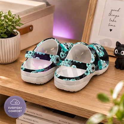 Cyan Skull Floral Non Slip Clogs Rubber Shoes Sandal Comfort Footwear