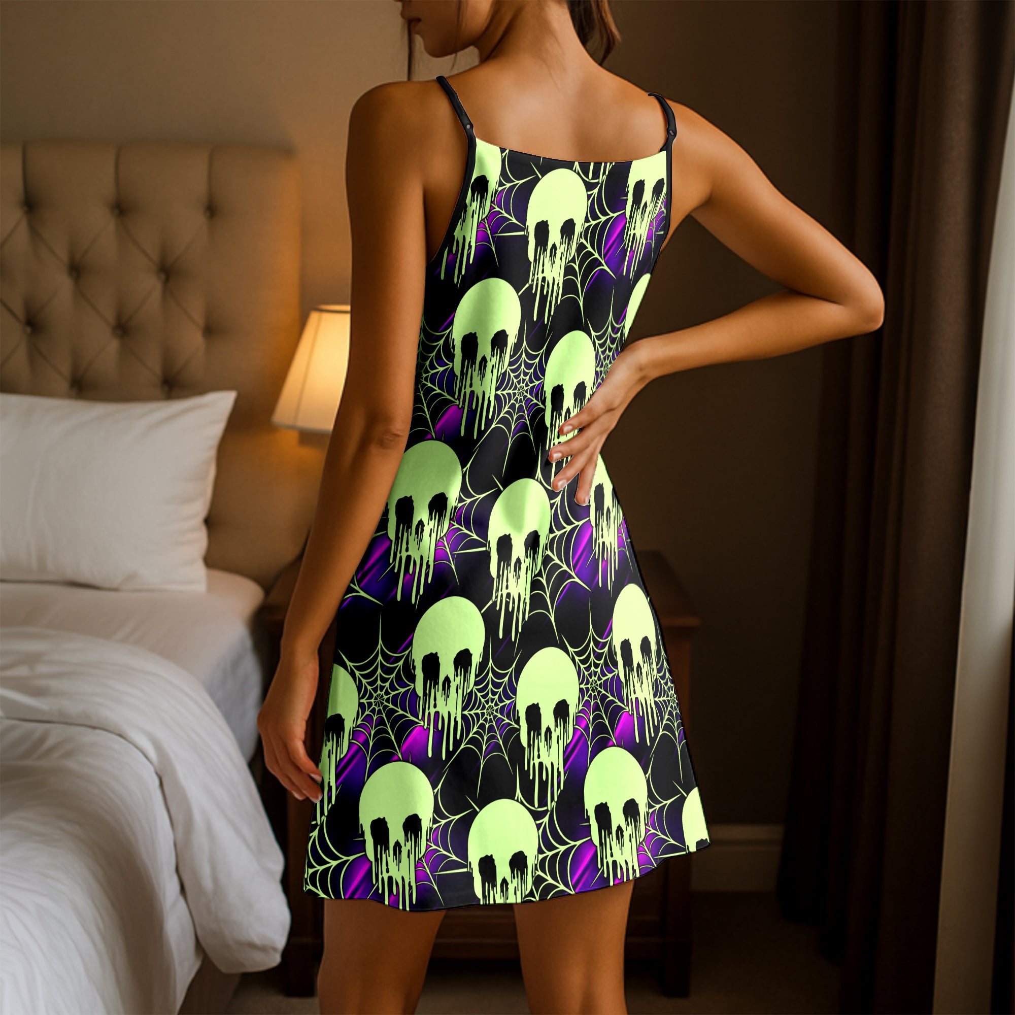 Toxic Neon Slime Skulls Short Cami Dress