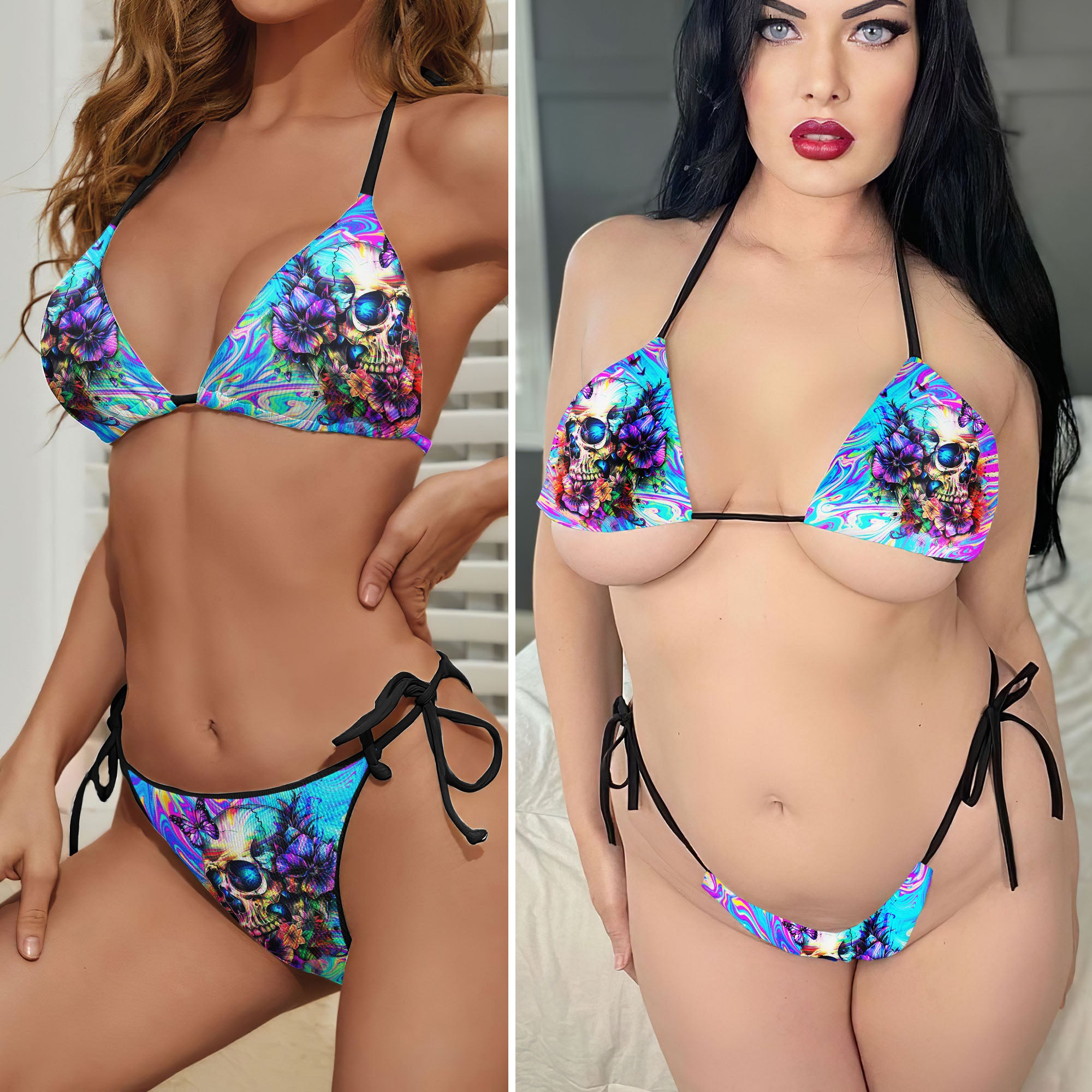 Holographic Skull Flower Micro Triangle Bikini Swimsuit - Wonder Skull