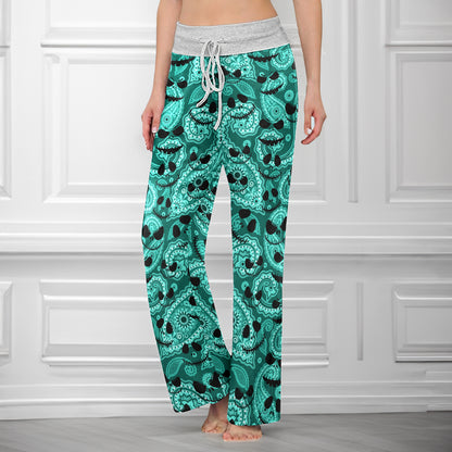 Cyan Whimsical Skull Paisley Women's High-waisted Wide Leg Pants
